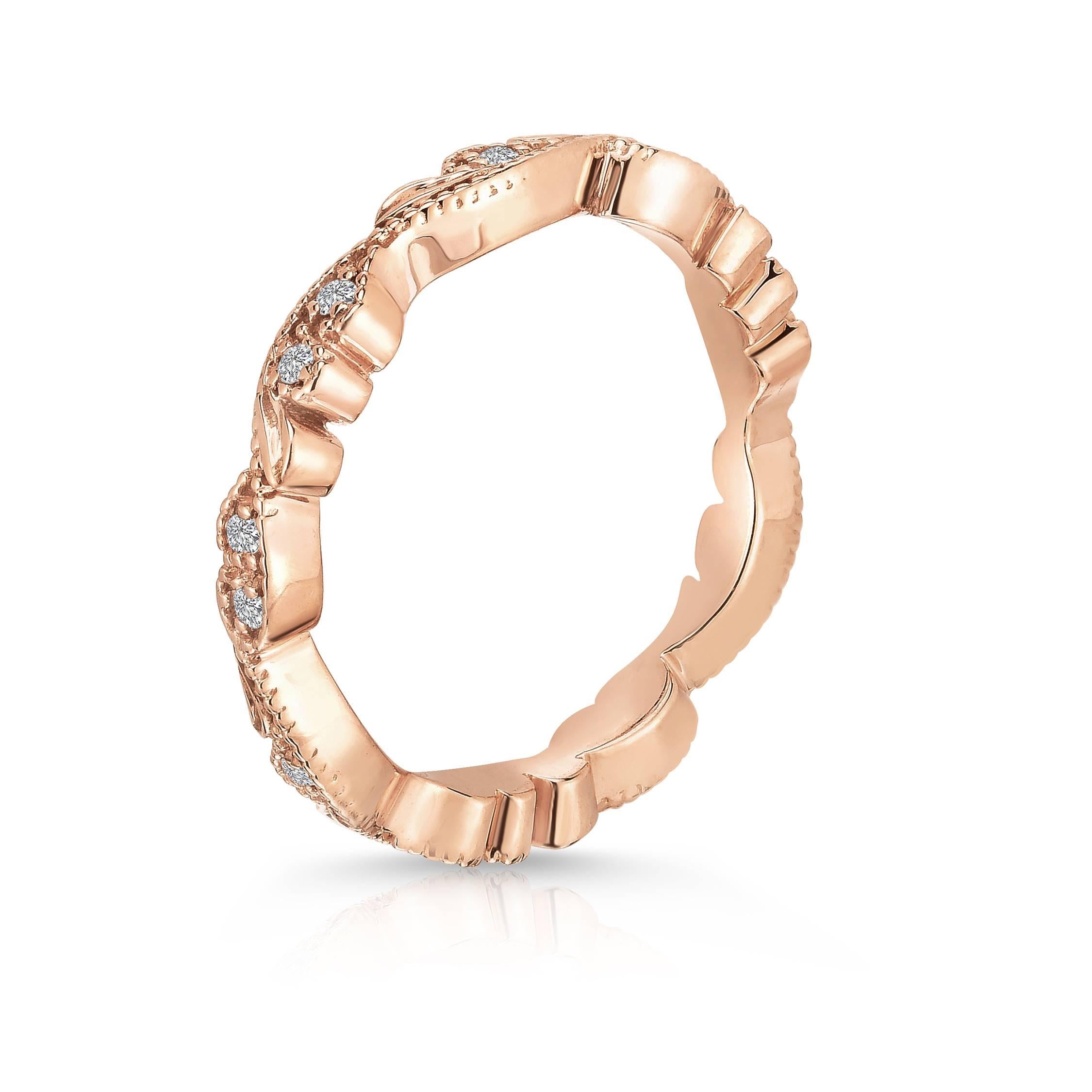 Marisa Perry's  Chantilly Lace inspired band ring with diamonds in 18k rose gold. Perfect as a wedding band and as a bridal band with matching engagement ring. This ring can be stacked with other bands or worn on its own.   

Hand crafted in New
