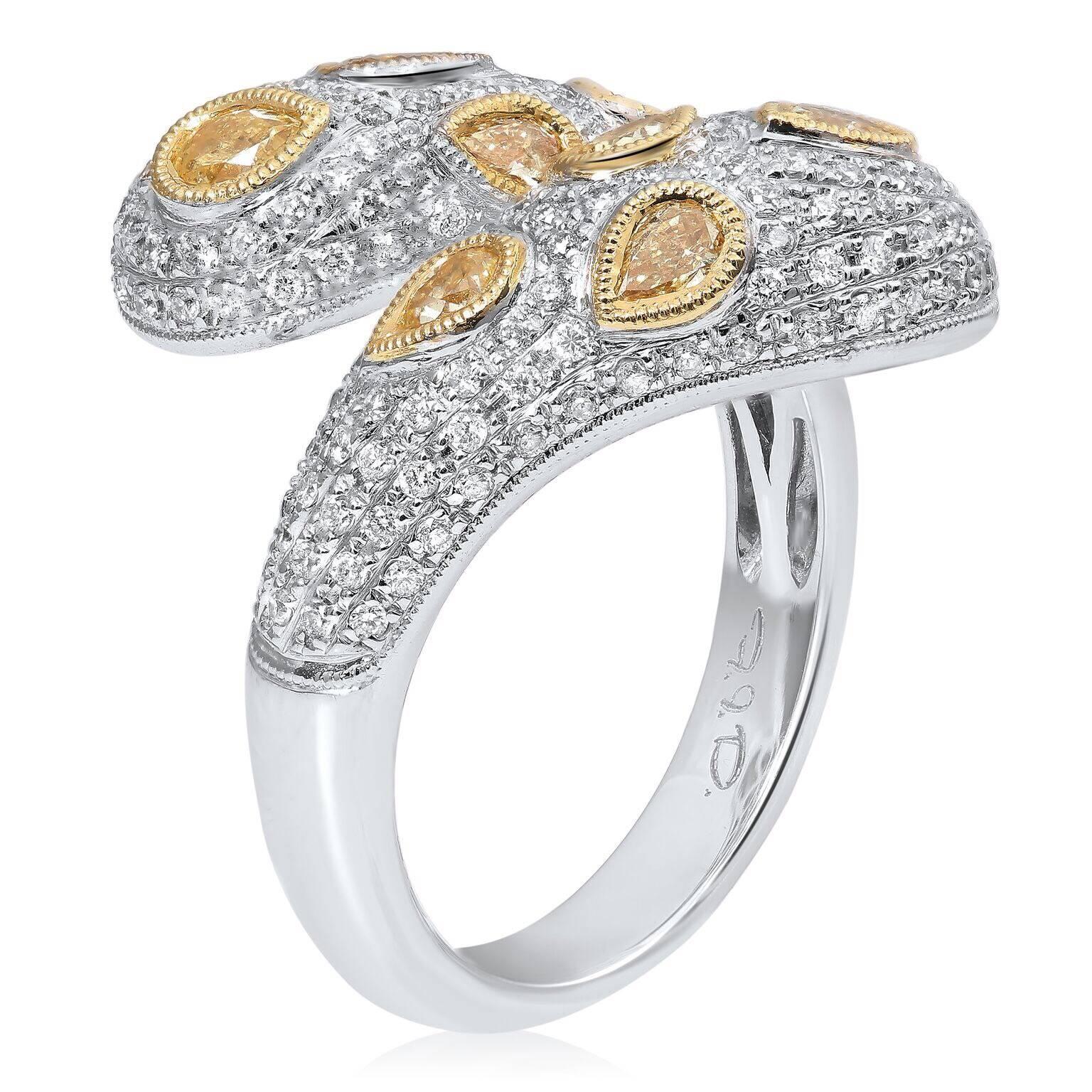 Contemporary Fancy Yellow Diamond and White Diamond Pave Ring in Two-Tone White Yellow Gold For Sale