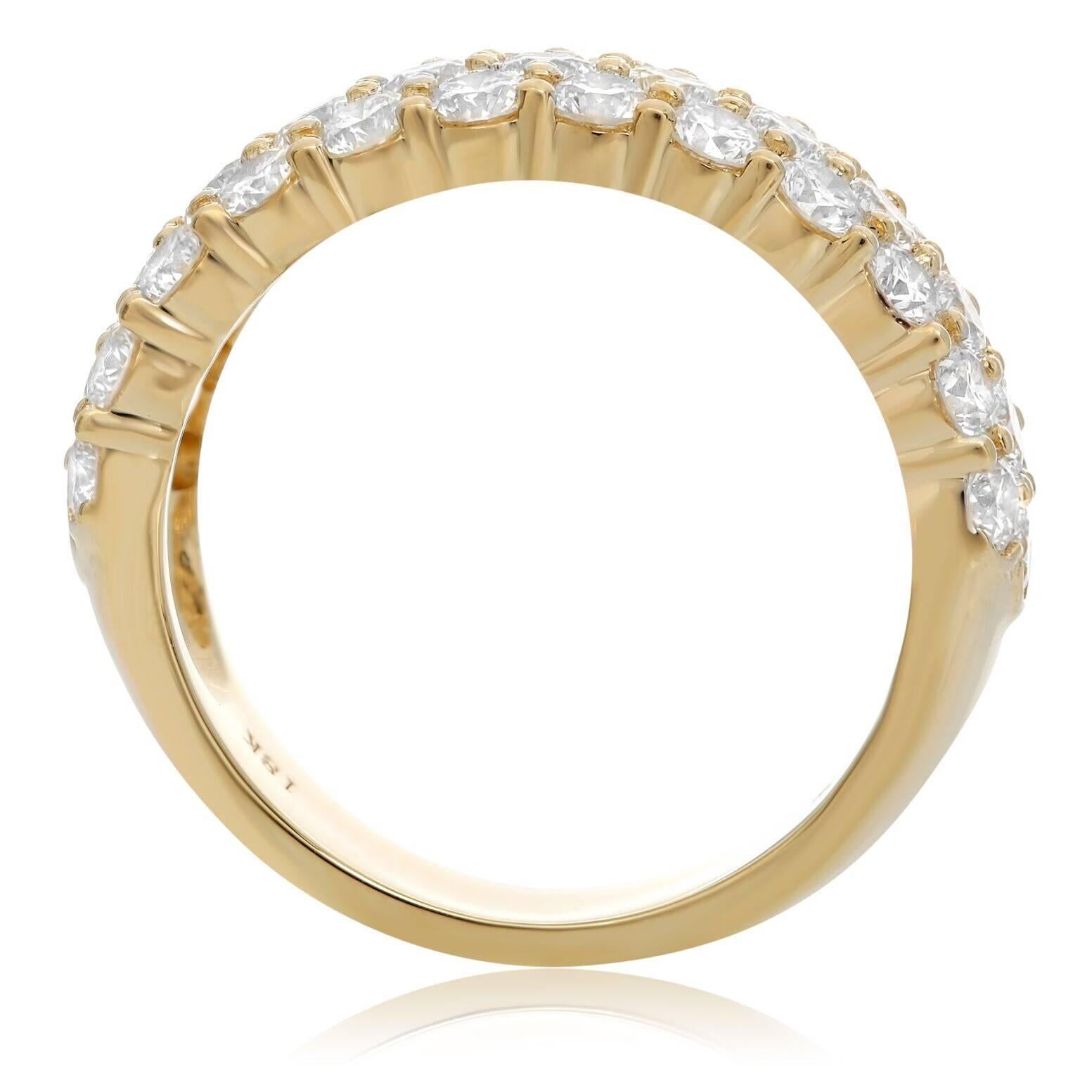 Round Cut Three-Row Diamond Pave Band in Yellow Gold For Sale