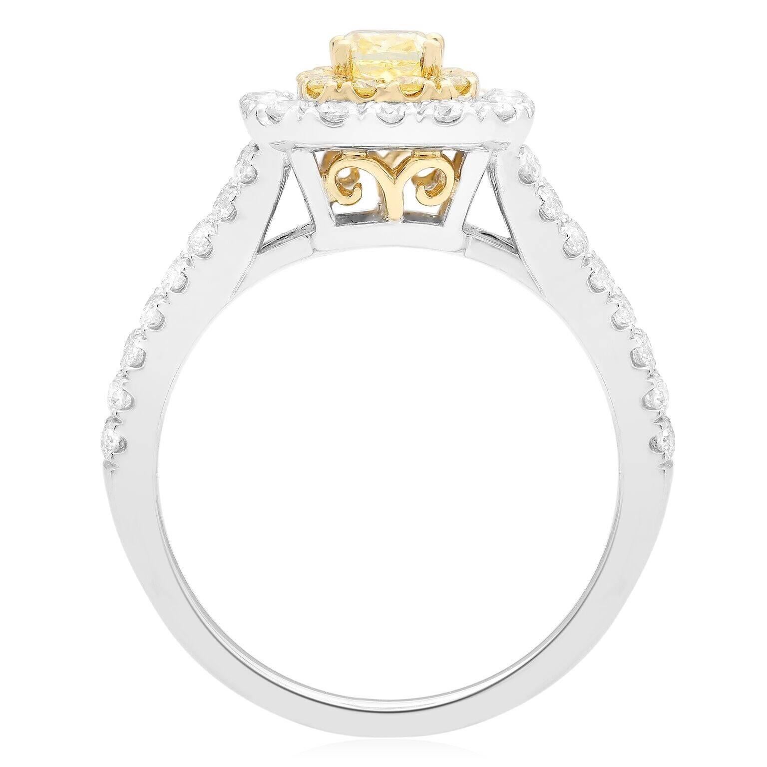 Contemporary Fancy Yellow Cushion Cut Diamond Double Halo Split Shank Two-Tone Gold For Sale
