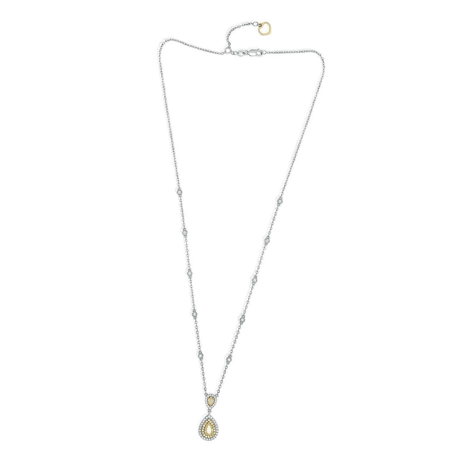 Contemporary Pear Shaped Diamond Hanging Pendant Necklace with Double Halo in Two-Tone Gold For Sale