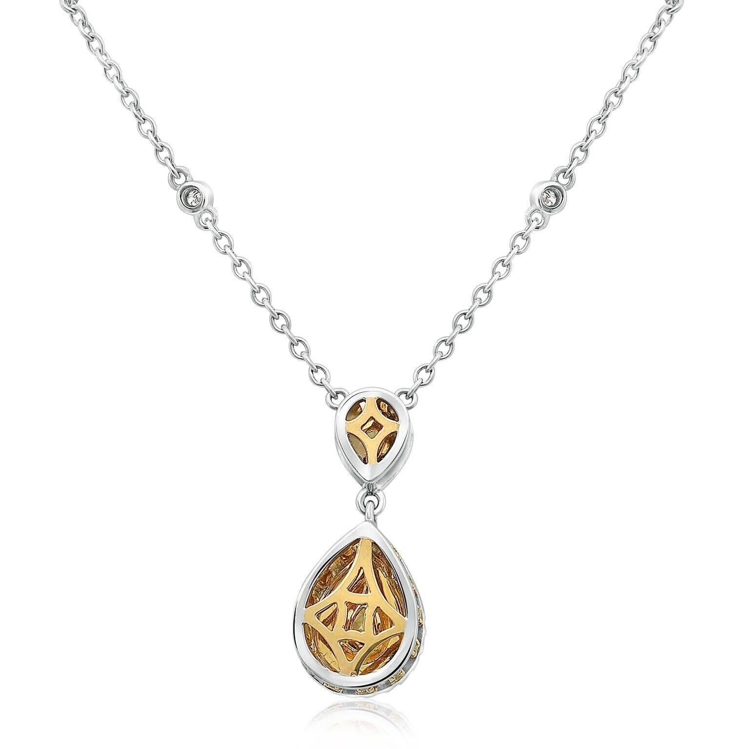 Pear Cut Pear Shaped Diamond Hanging Pendant Necklace with Double Halo in Two-Tone Gold For Sale