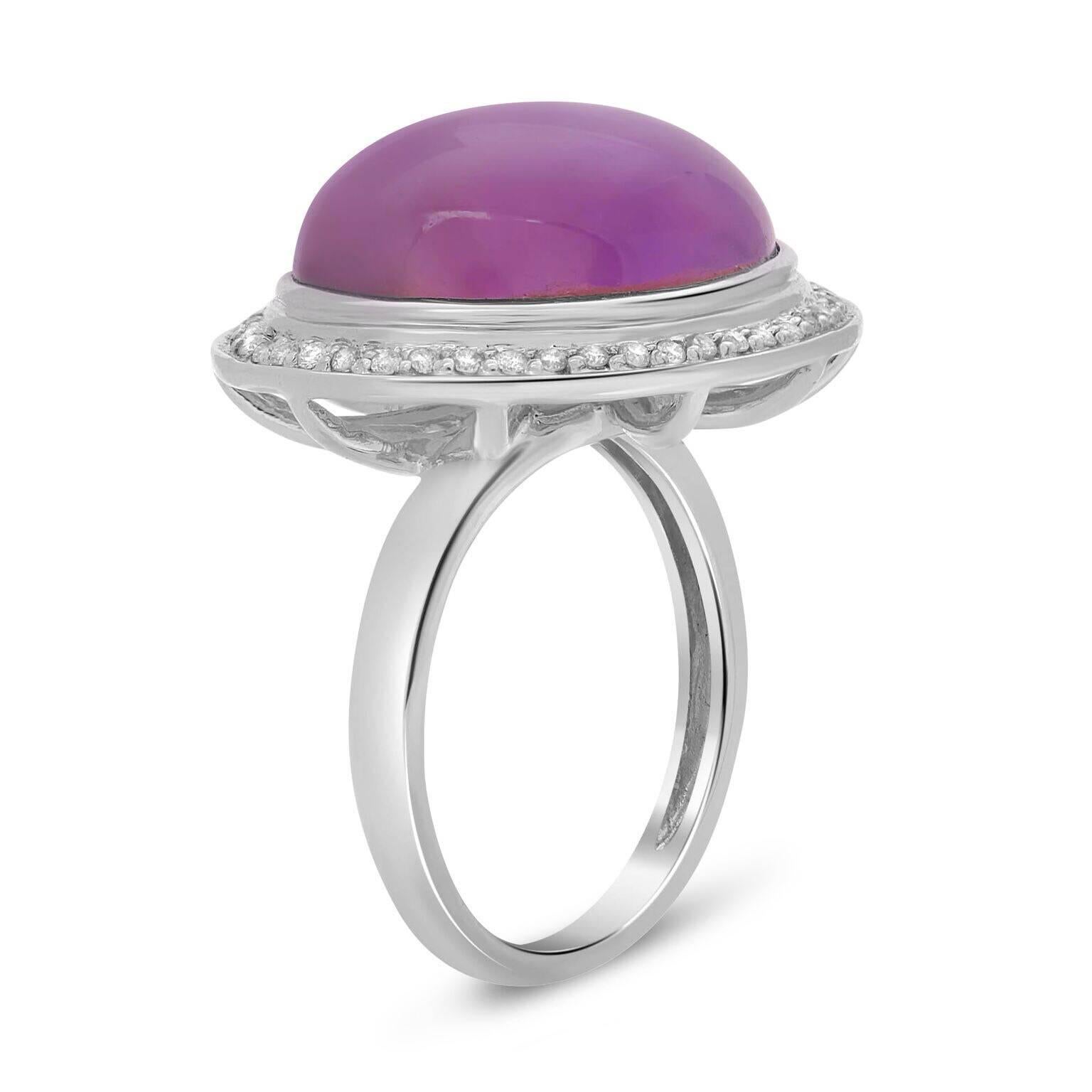 Contemporary Cabochon Amethyst Diamond Ring in White Gold For Sale