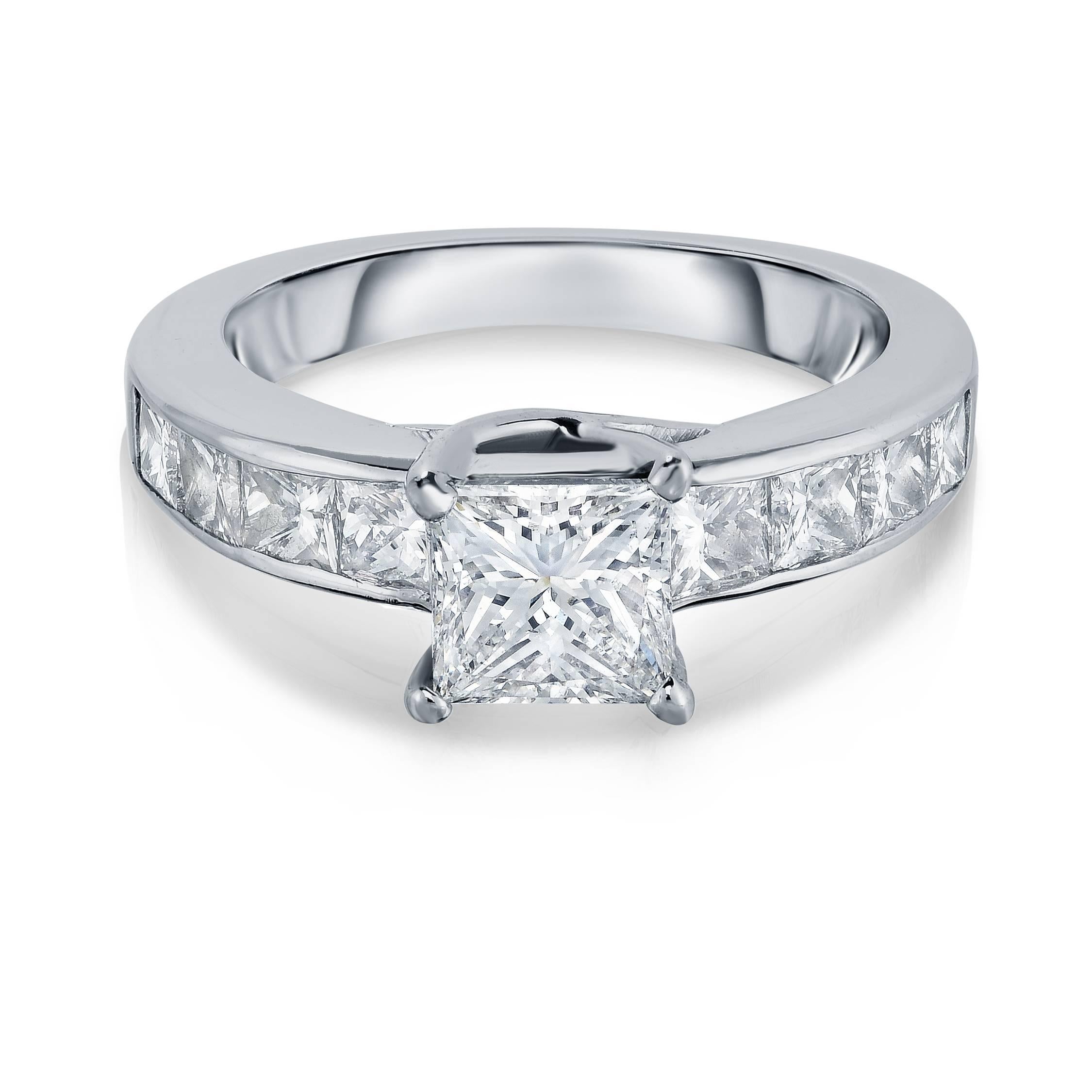 Contemporary Diamond Engagement Ring with Channel Set Diamond Band in White Gold For Sale