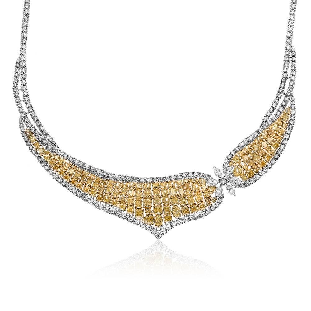 Round Cut Fancy Yellow and White Diamond Bib Necklace in Two-Tone Gold For Sale