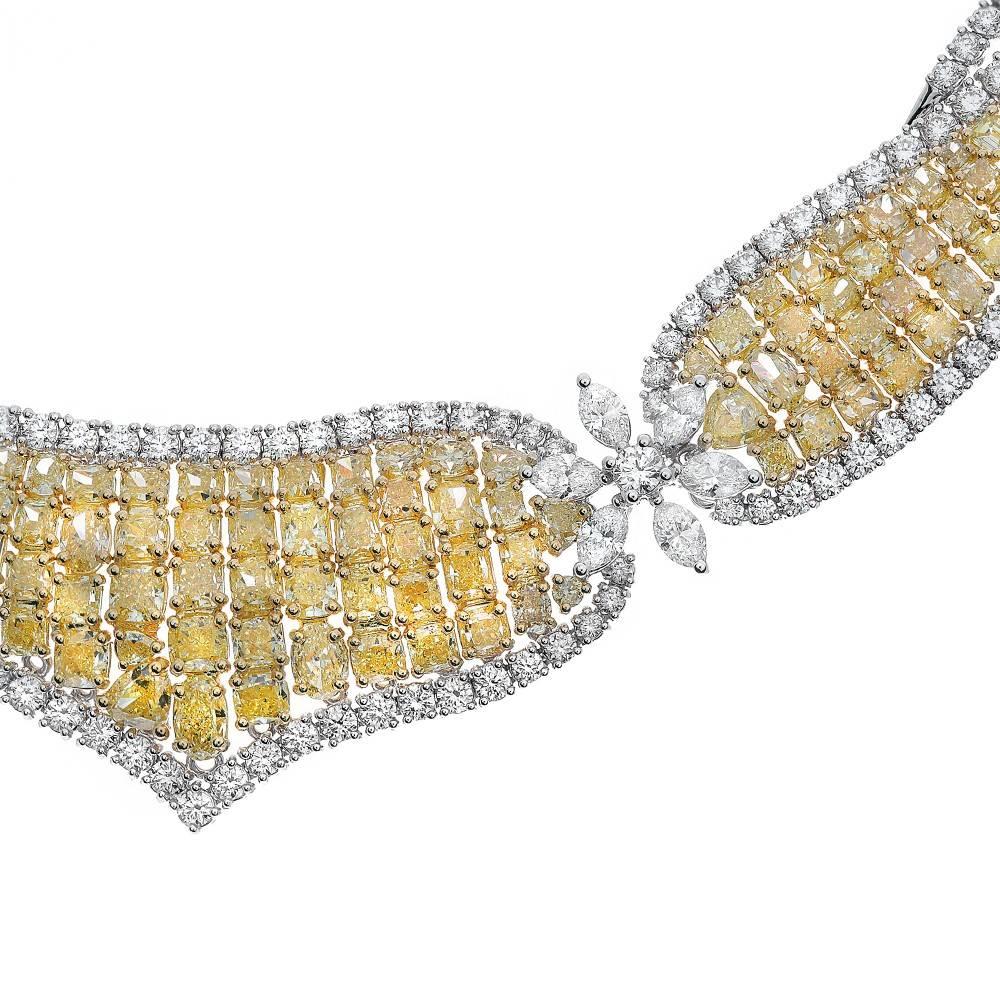 Contemporary Fancy Yellow and White Diamond Bib Necklace in Two-Tone Gold For Sale