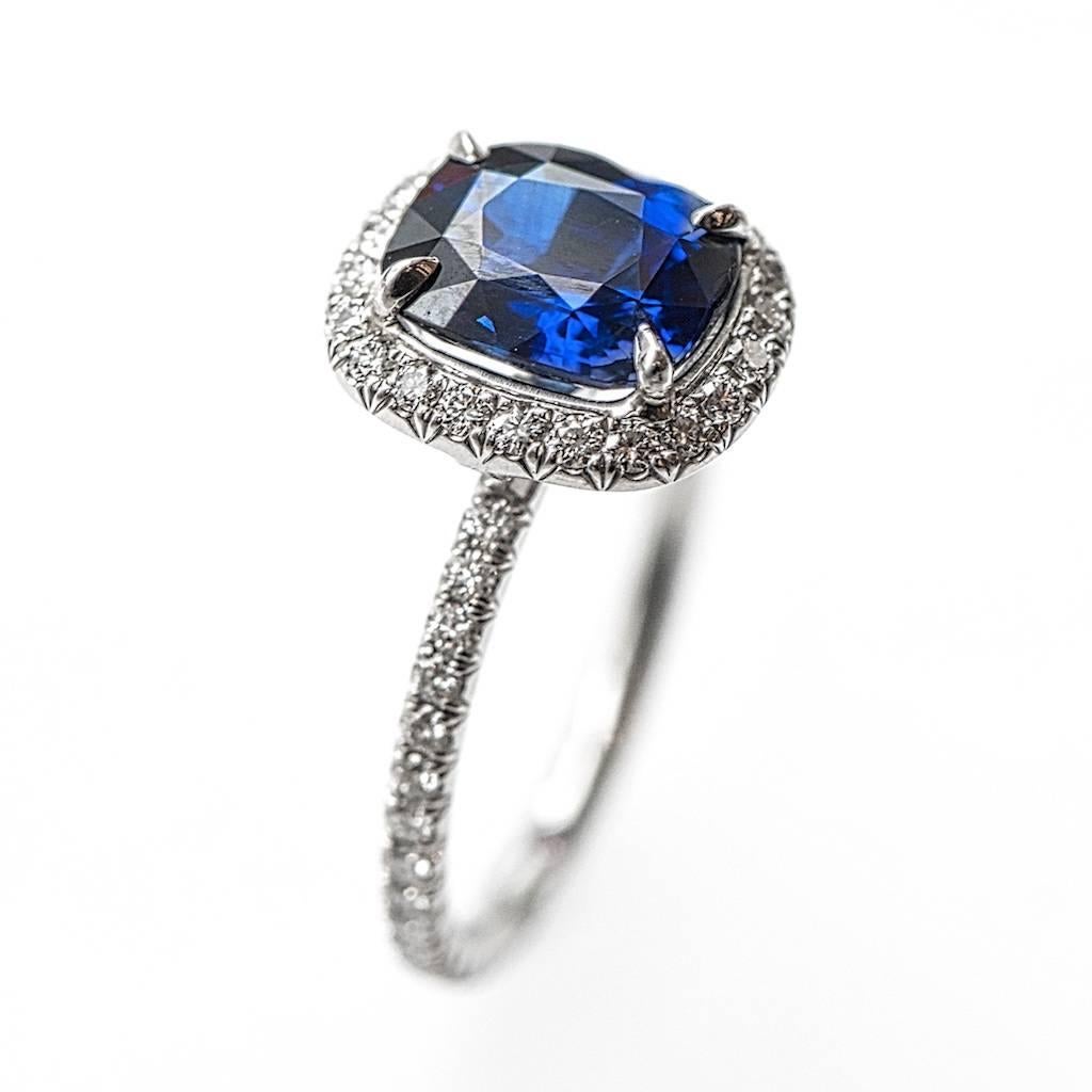 Cushion Cut Marisa Perry Cornflower Blue Sapphire and Micro Pave Diamond Ring in Platinum For Sale