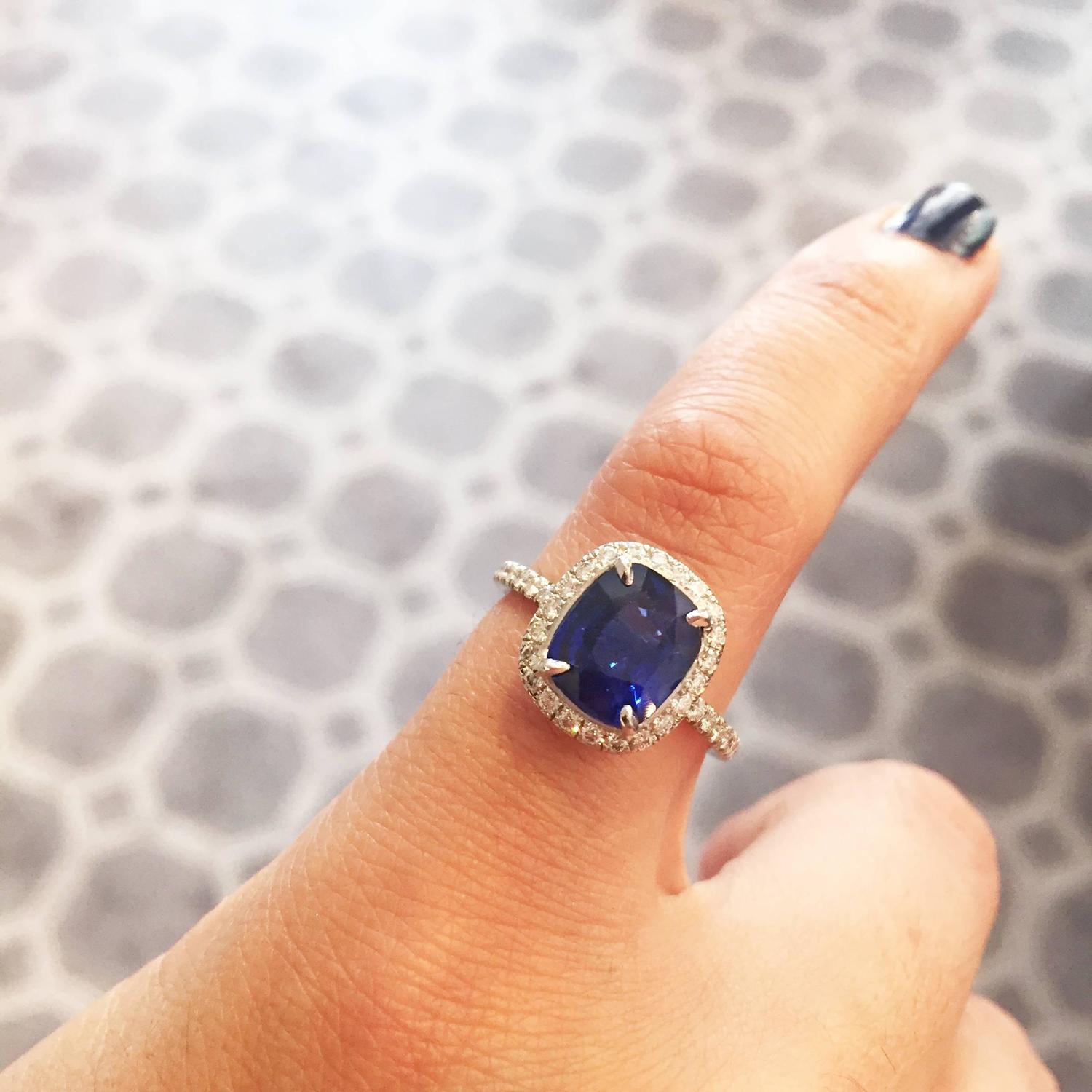 Cushion Cut Blue Sapphire and Diamond Ring For Sale at 1stdibs