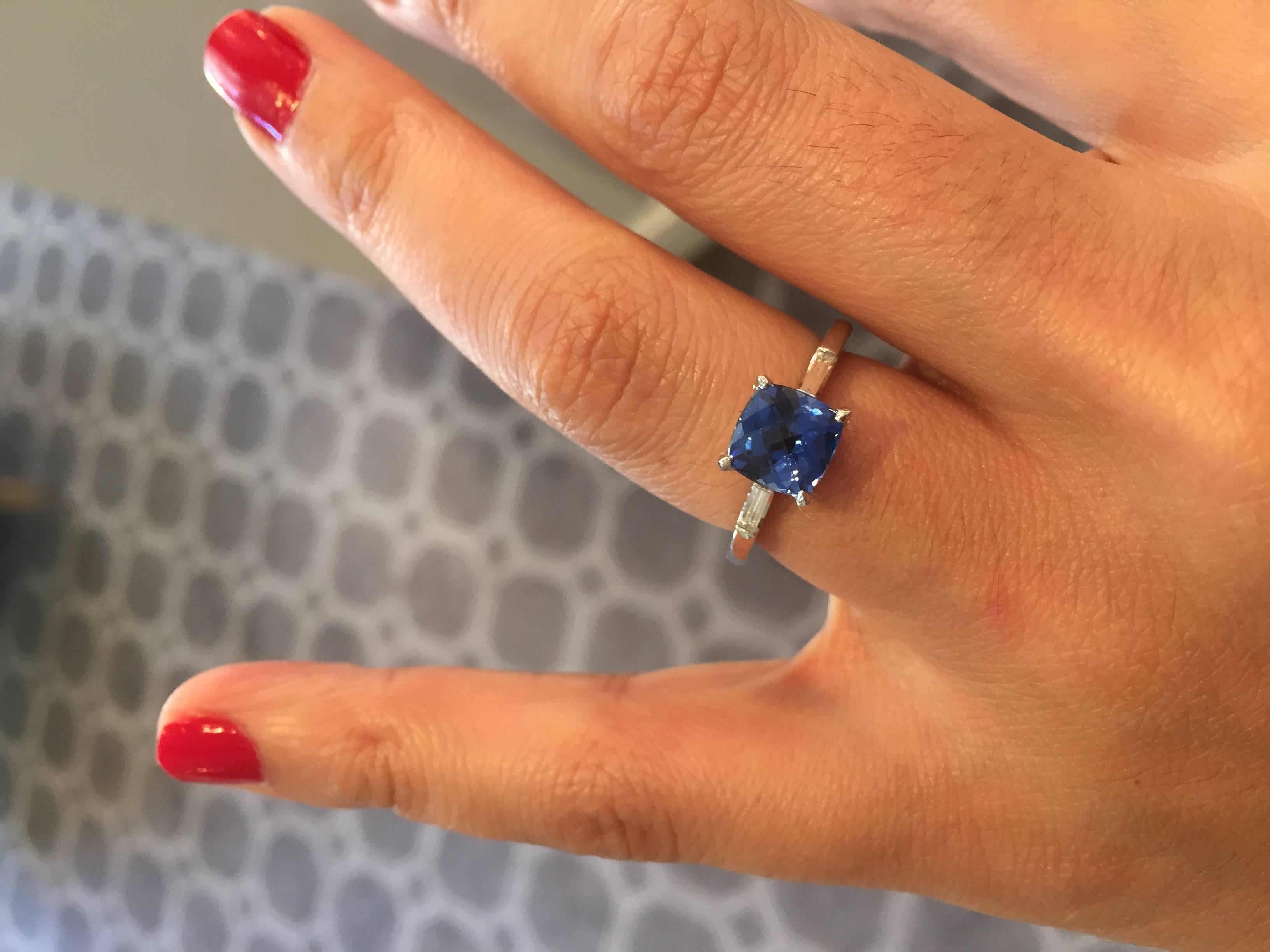 Marisa Perry Cushion Cut Sapphire Diamond Three Stone Engagement Ring Platinum For Sale 1