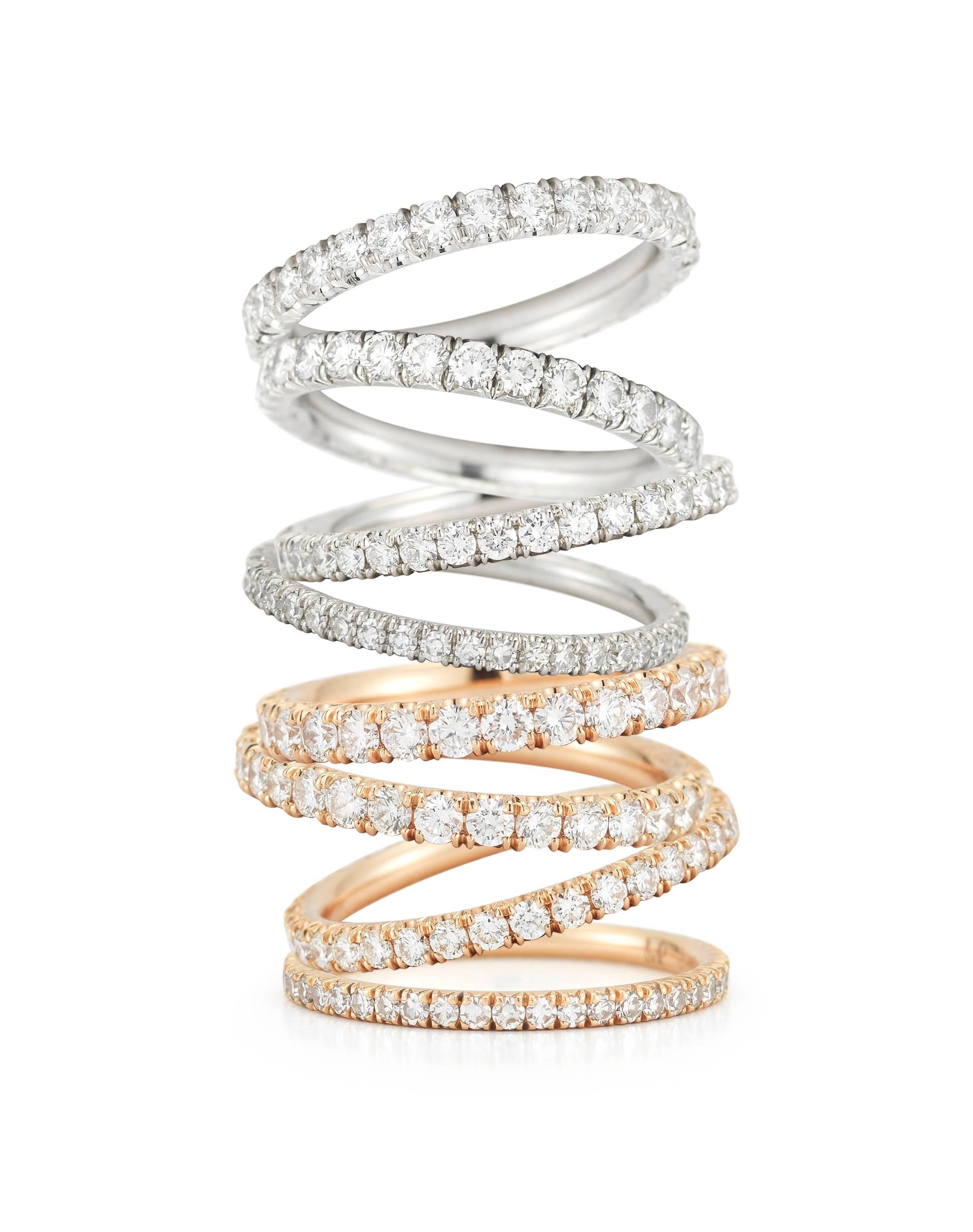 The diamond eternity band makes an ideal wedding band. The perfect ring made with expert craftsmanship is sleek and streamlined from every point of view. Each four point diamond is carefully set into a solid metal ring by a master stone setter,