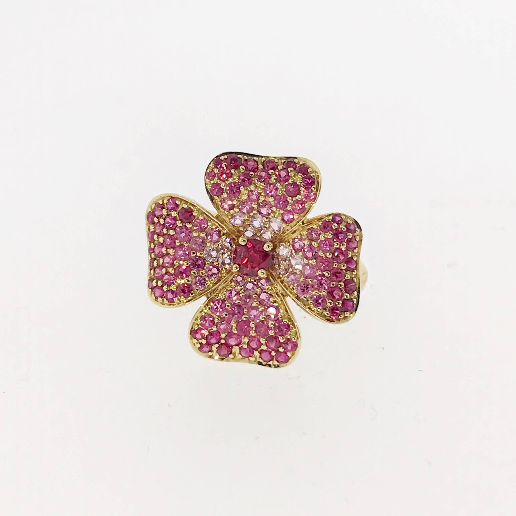 Contemporary Ruby Pink Sapphire Yellow Gold Flower Ring For Sale