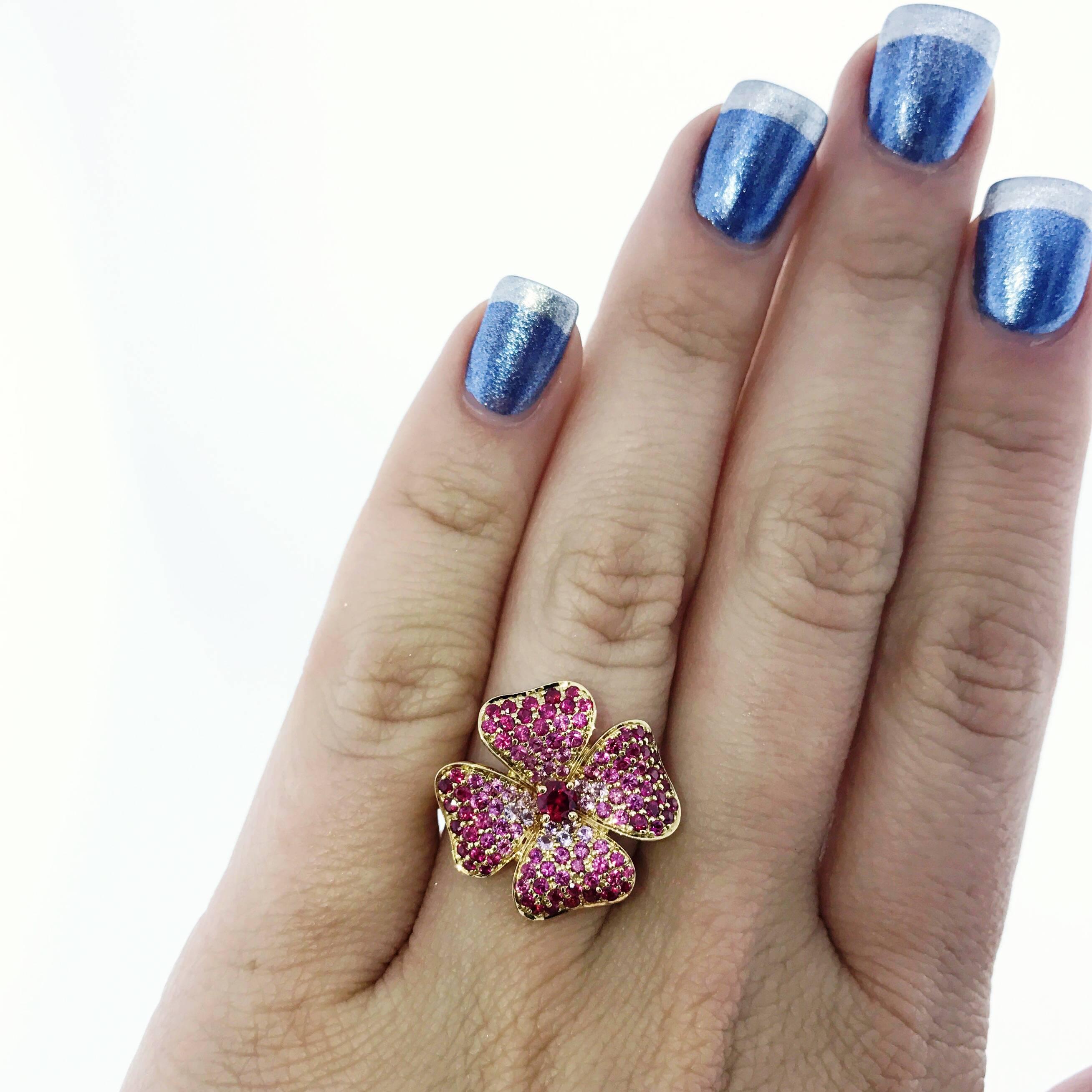 Ruby Pink Sapphire Yellow Gold Flower Ring For Sale 3