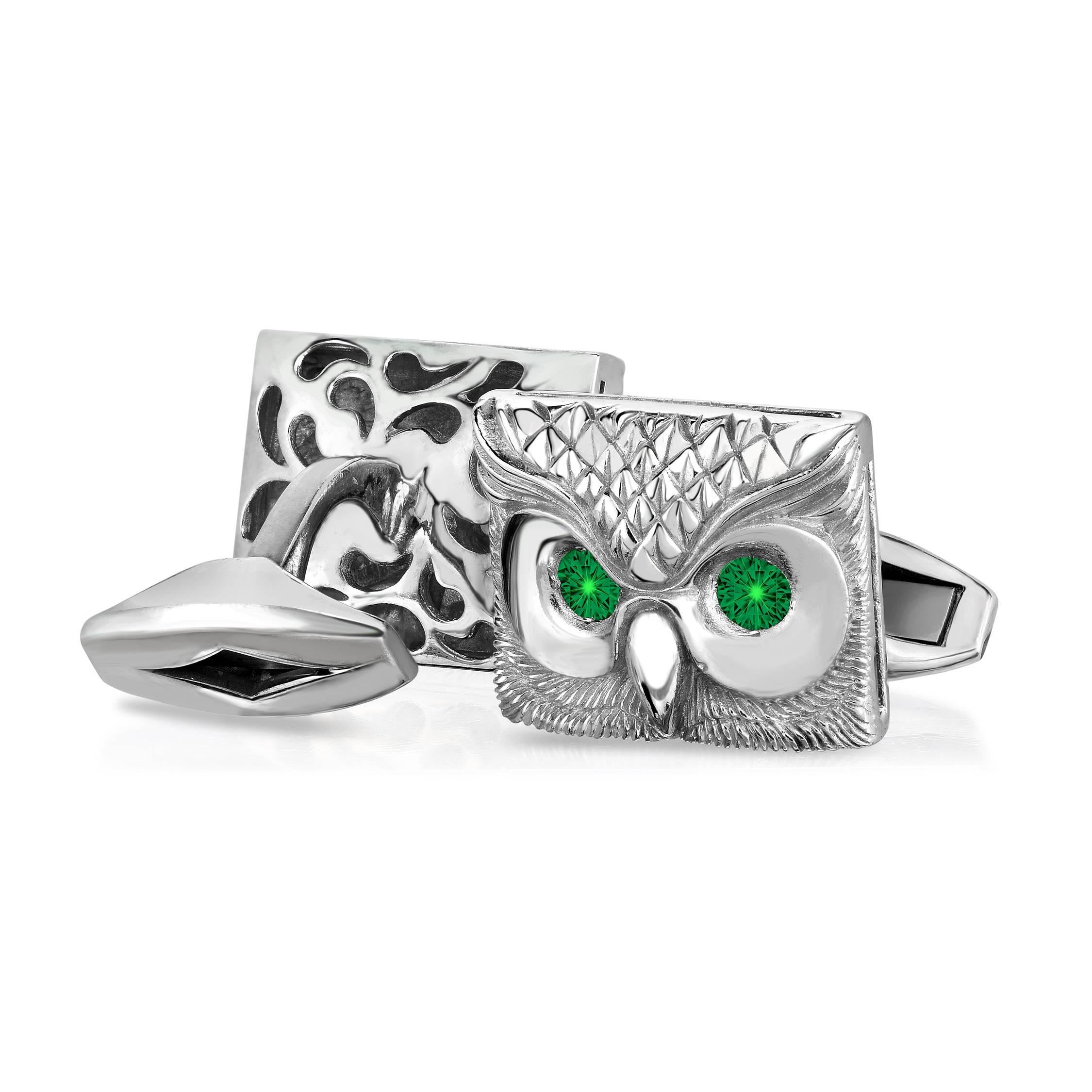 Hand crafted owl cufflinks with emerald eyes. Hand crafted in sterling silver. Makes the perfect gift for the anyone with a May birthday as emerald is the May birthstone. Consider these cufflinks for Father's Day or as a gift for any father in your