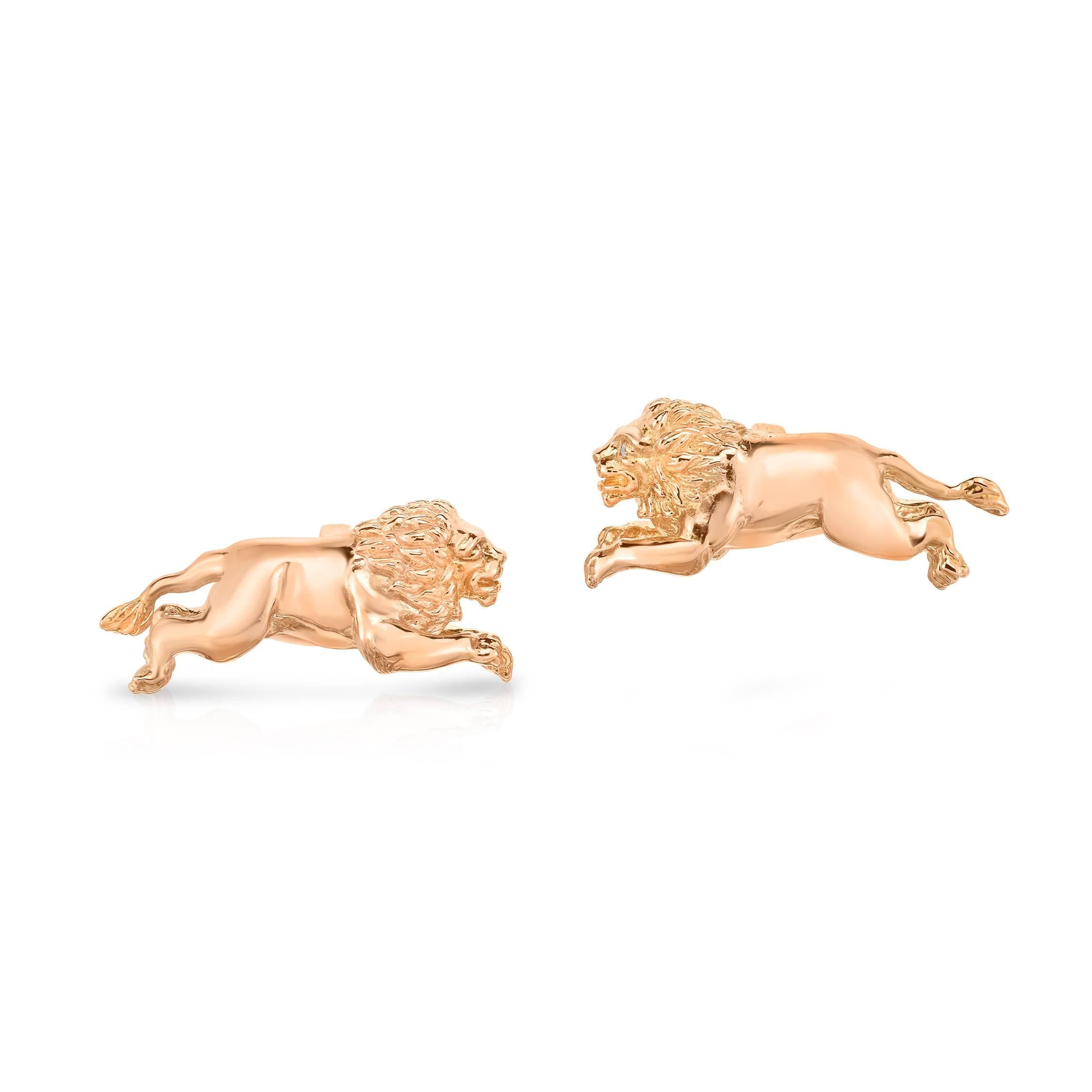 18k Rose Gold and Diamond cufflinks hand crafted in New York City. Three dimensional carved lion cufflinks with diamond eyes. These cufflinks make a perfect Father's Day gift or the perfect gift for the father, husband or boyfriend in your life.