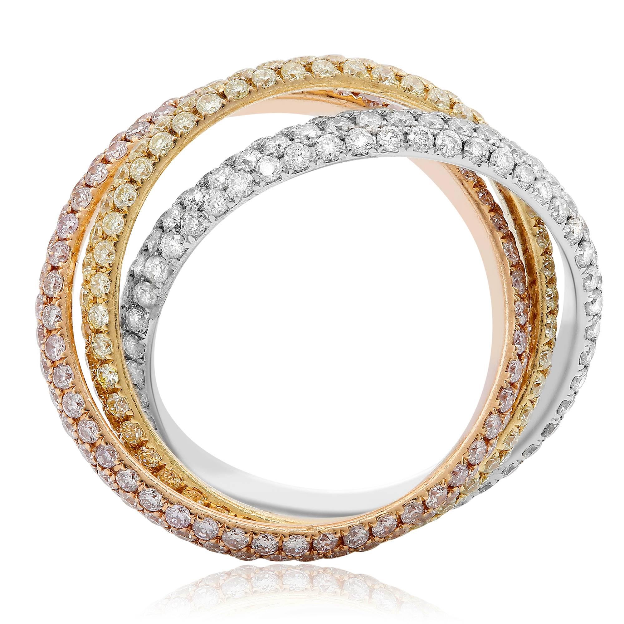 Contemporary Fancy Pink, Yellow and White Diamond Tricolor Interlocking Bands, 18 Karat Gold For Sale