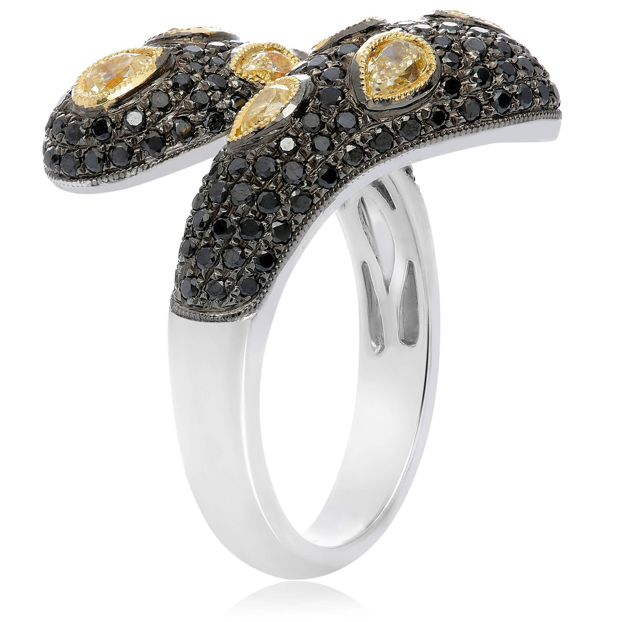 Contemporary Black Diamond and Yellow Diamond Ring in White and Yellow Gold For Sale