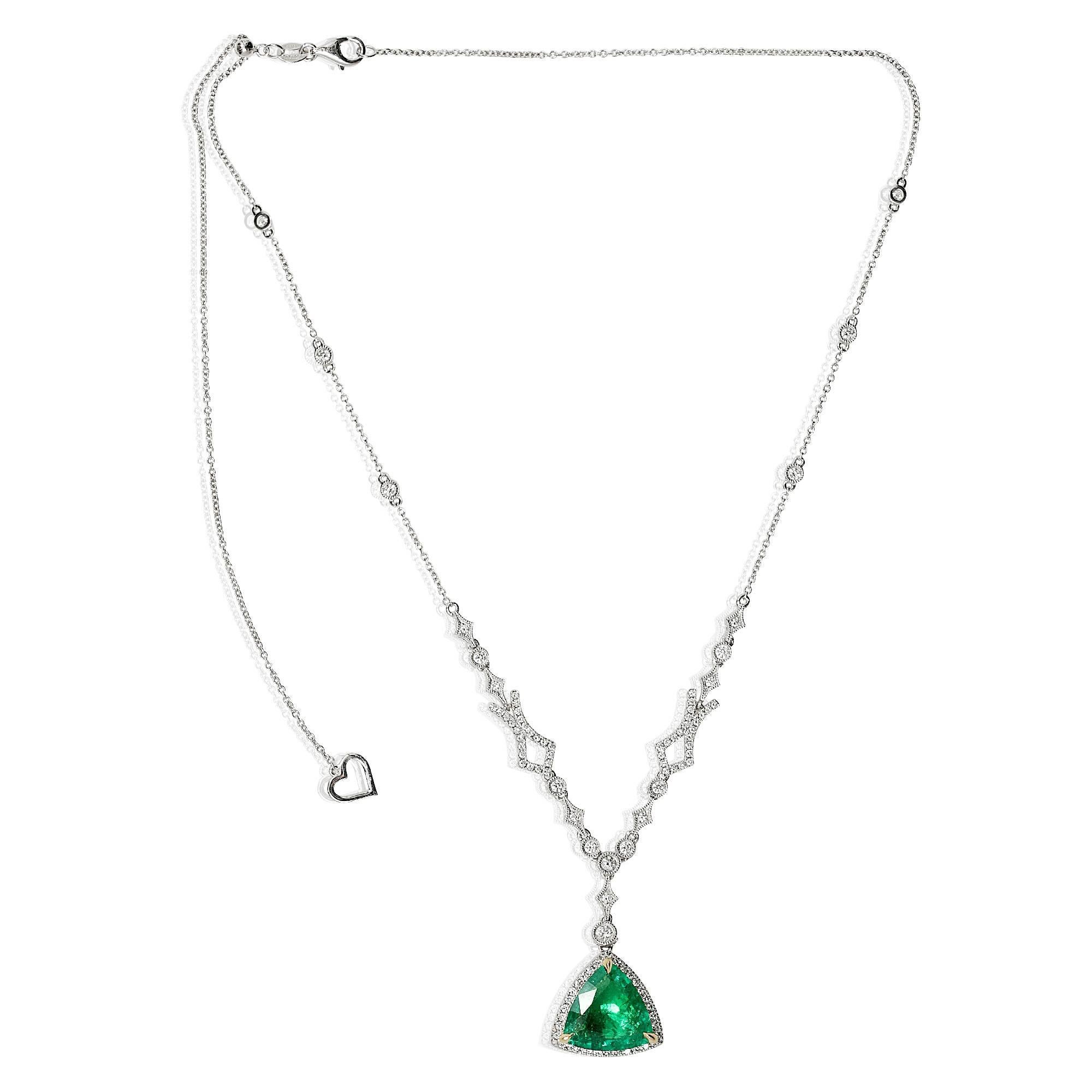 Contemporary Trillion Cut Emerald Diamond Pendant in White Gold For Sale