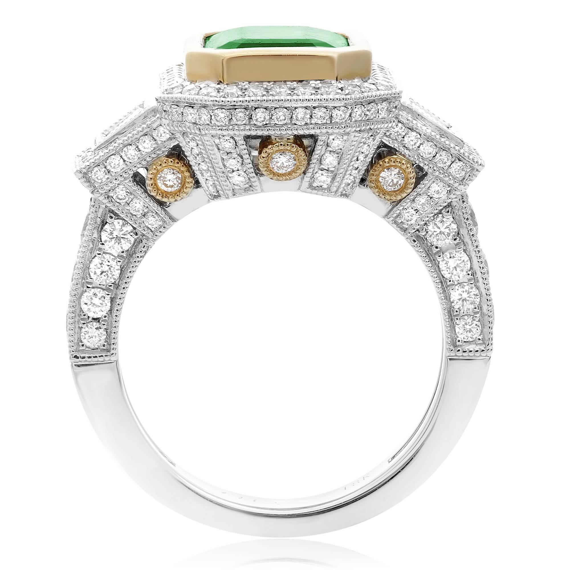 Contemporary Emerald Diamond Three-Stone Engagement Ring with Diamond Pave in Two-Tone Gold For Sale