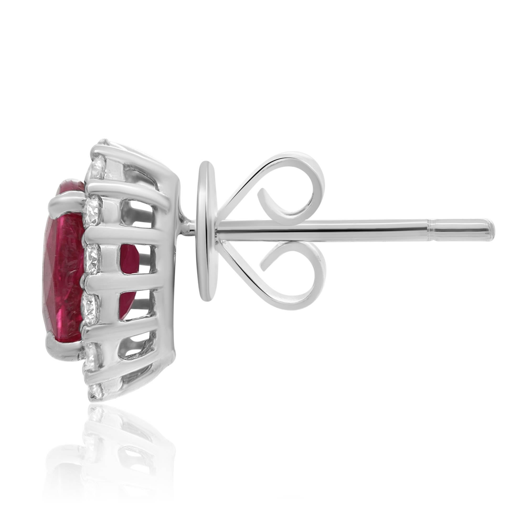 Contemporary GIA Certified Oval Ruby Diamond Halo Earrings Offered by Marisa Perry Atelier For Sale