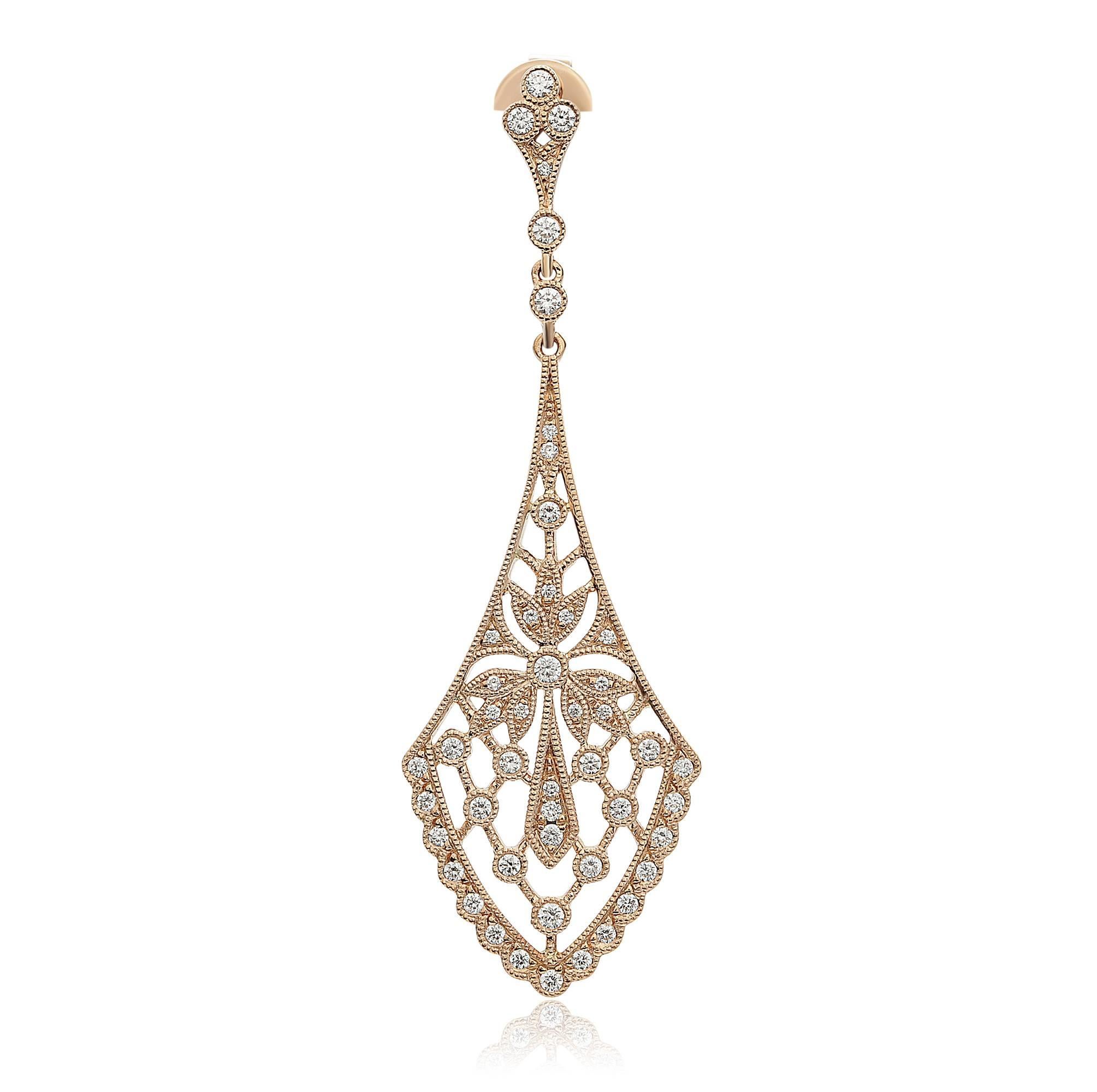 Beautiful ornate Art Noveau inspired drop earrings in 18k rose gold with round melee diamonds throughout the earrings. Perfect for the contemporary woman who loves antiqued motifs. Total diamond is 0.67. Offered by Marisa Perry Atelier, a luxury