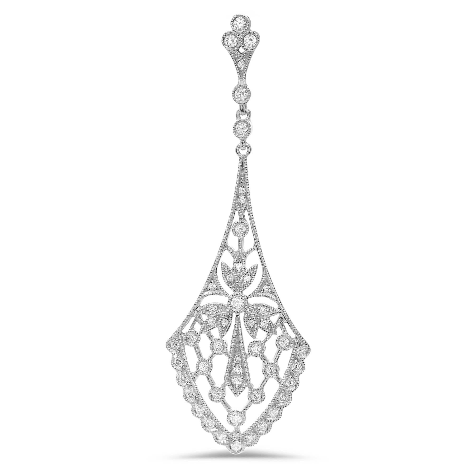 Round Cut Art Nouveau Inspired Diamond White Gold Drop Earrings For Sale