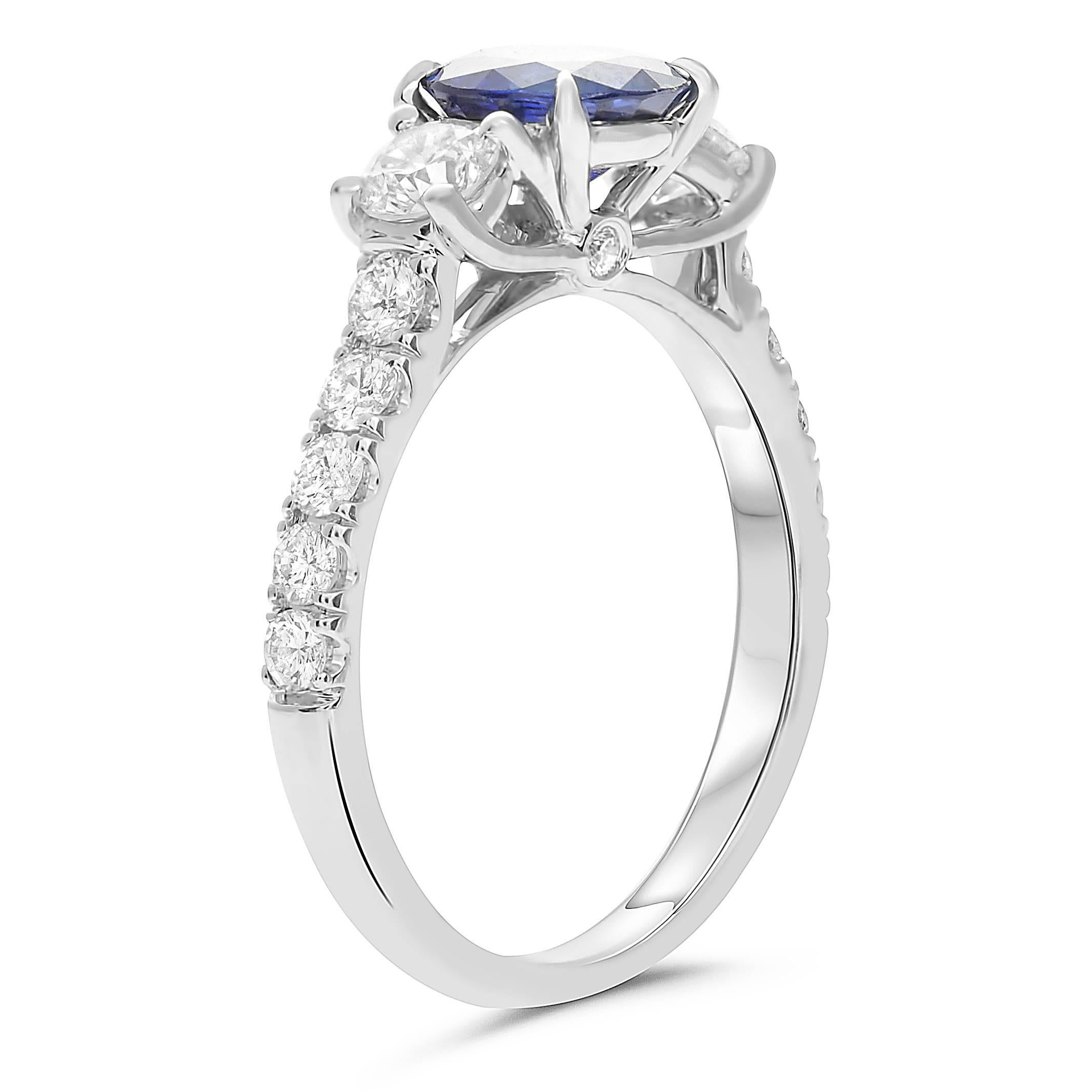Contemporary GIA Certified 1.42 Carat Blue Sapphire Diamond Three-Stone Ring in White Gold For Sale
