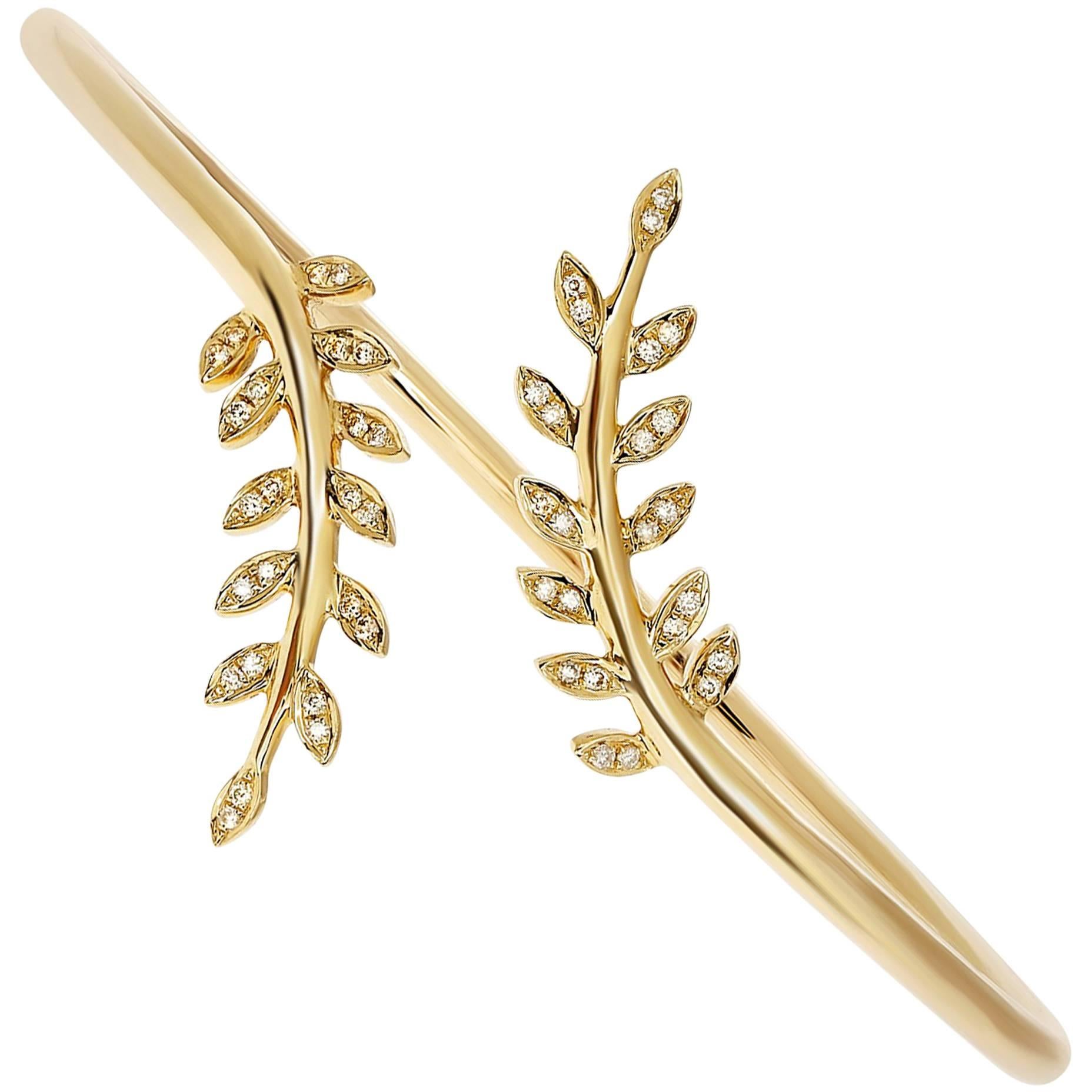 Diamond Leaf Bangle in Yellow Gold Offered by Marisa Perry Atelier For Sale