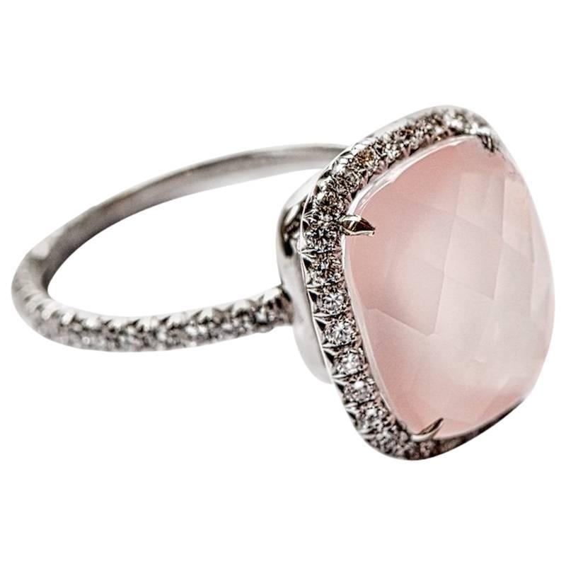 Micro Pave Diamond Rose Quartz Engagement Ring in Platinum For Sale