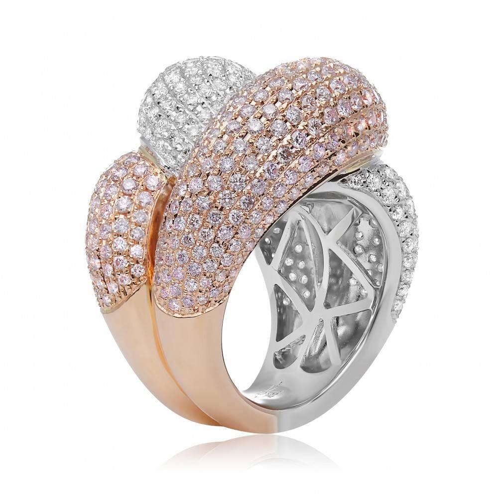 Contemporary Pink and White Diamond Pave Cocktail Ring in Two-Tone White and Rose Gold For Sale