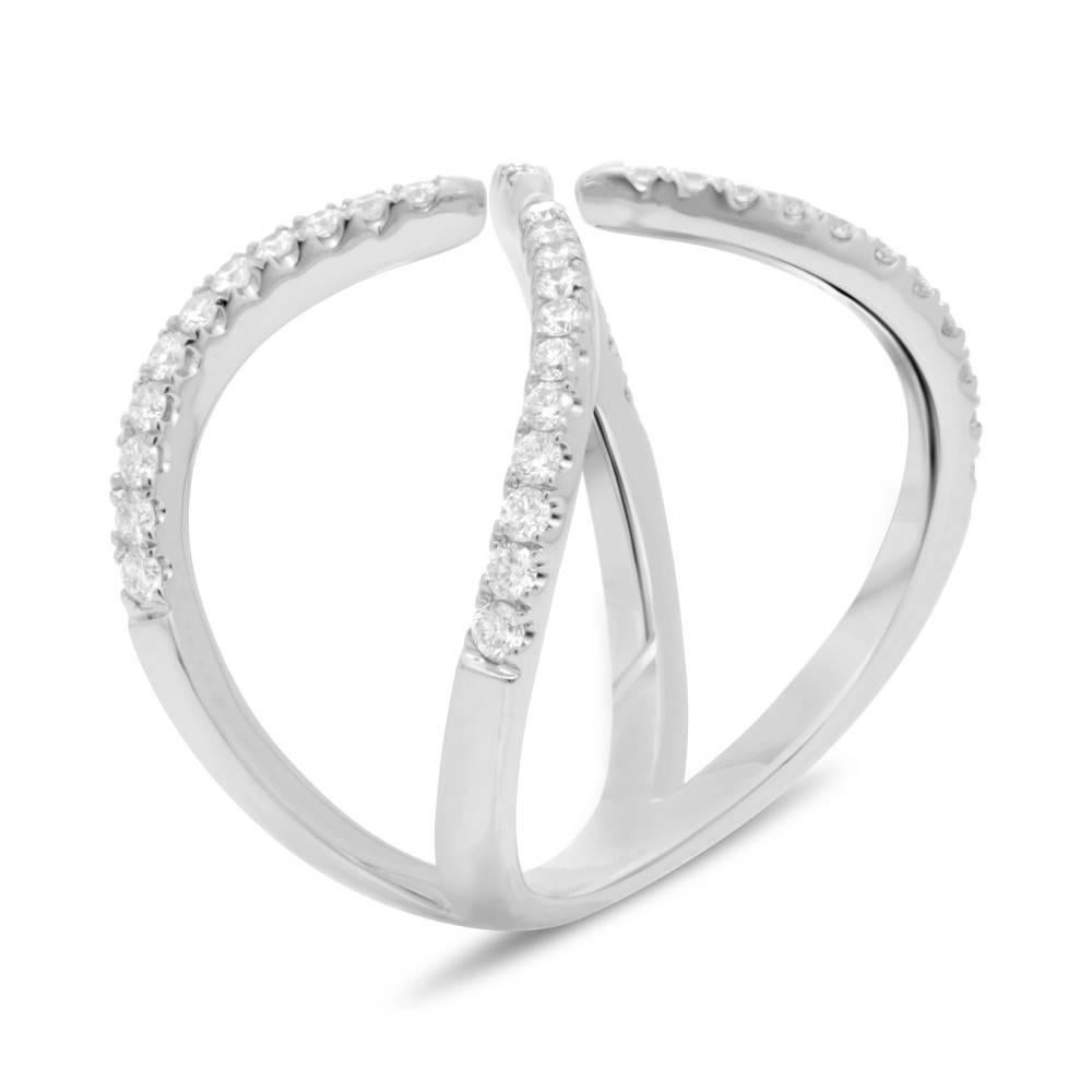 Contemporary style Criss Cross Ring in 14k White Gold with Diamonds. Perfect as a fashion piece or added to a bridal jewelry ensemble. Elegant yet edgy this ring would make a perfect birthday gift or push present. This ring contains 0.41 carats of