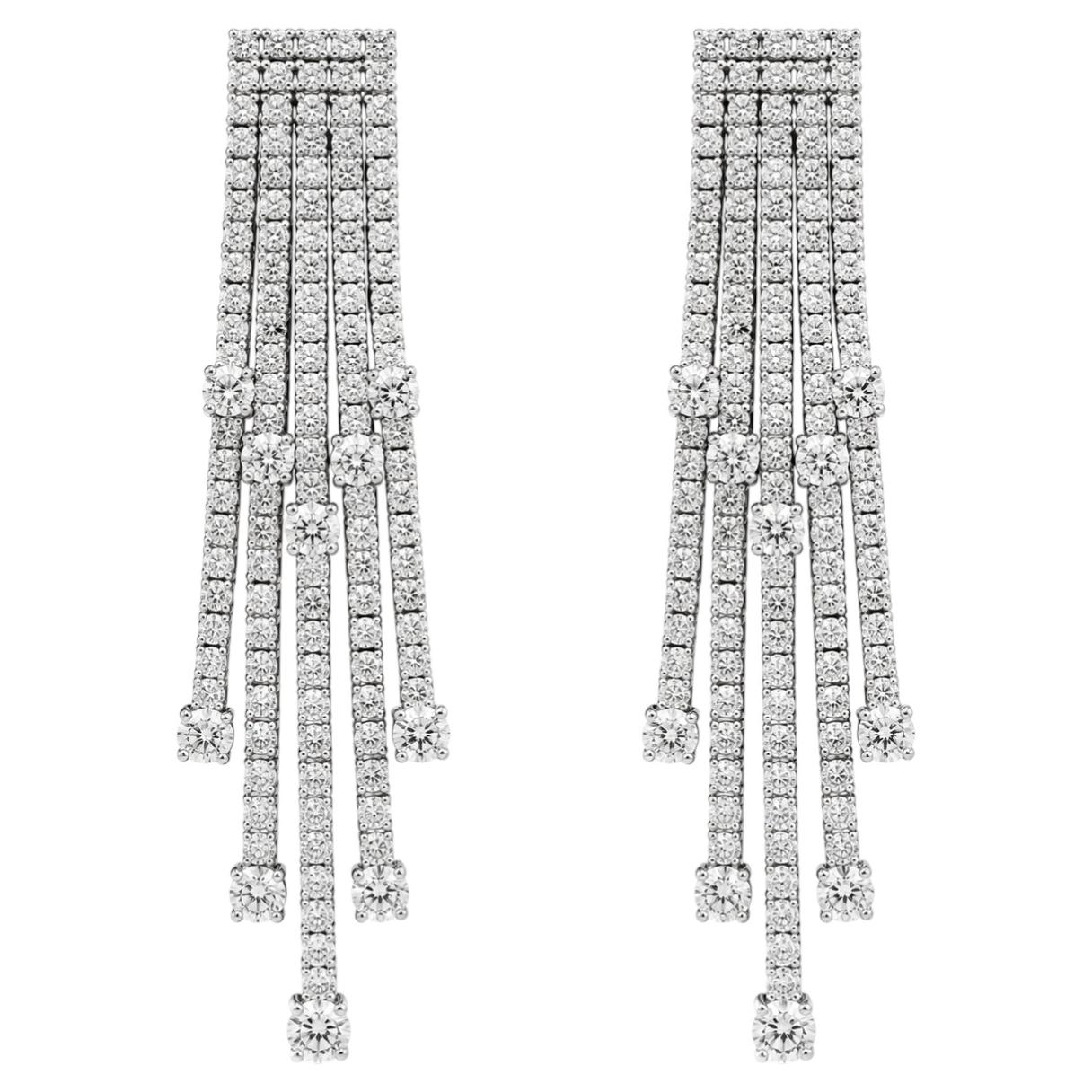 6.60 Carat Five-Row Diamond Station Earrings in 18K White Gold