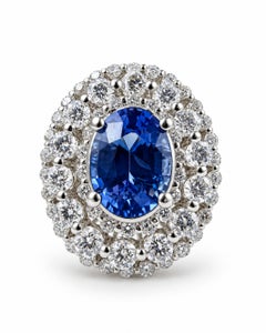 "ADA Jewelry" Natural Blue Sapphire and Diamond Double Halo Cocktail Ring
