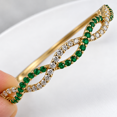 ADA Jewelry Green Emerald Twist Bangle, 14K Yellow Gold, 2.01 Carats
