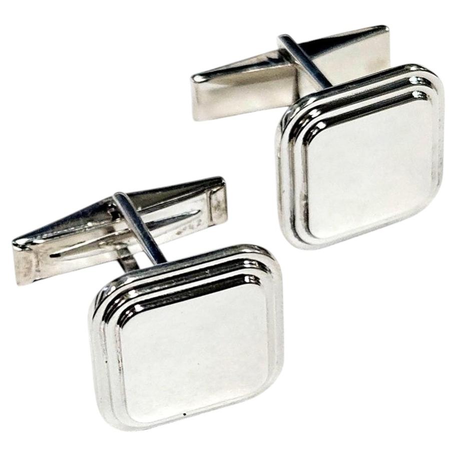 Sterling Silver Stepped Rounded Square Cufflinks, New, Made in USA For Sale