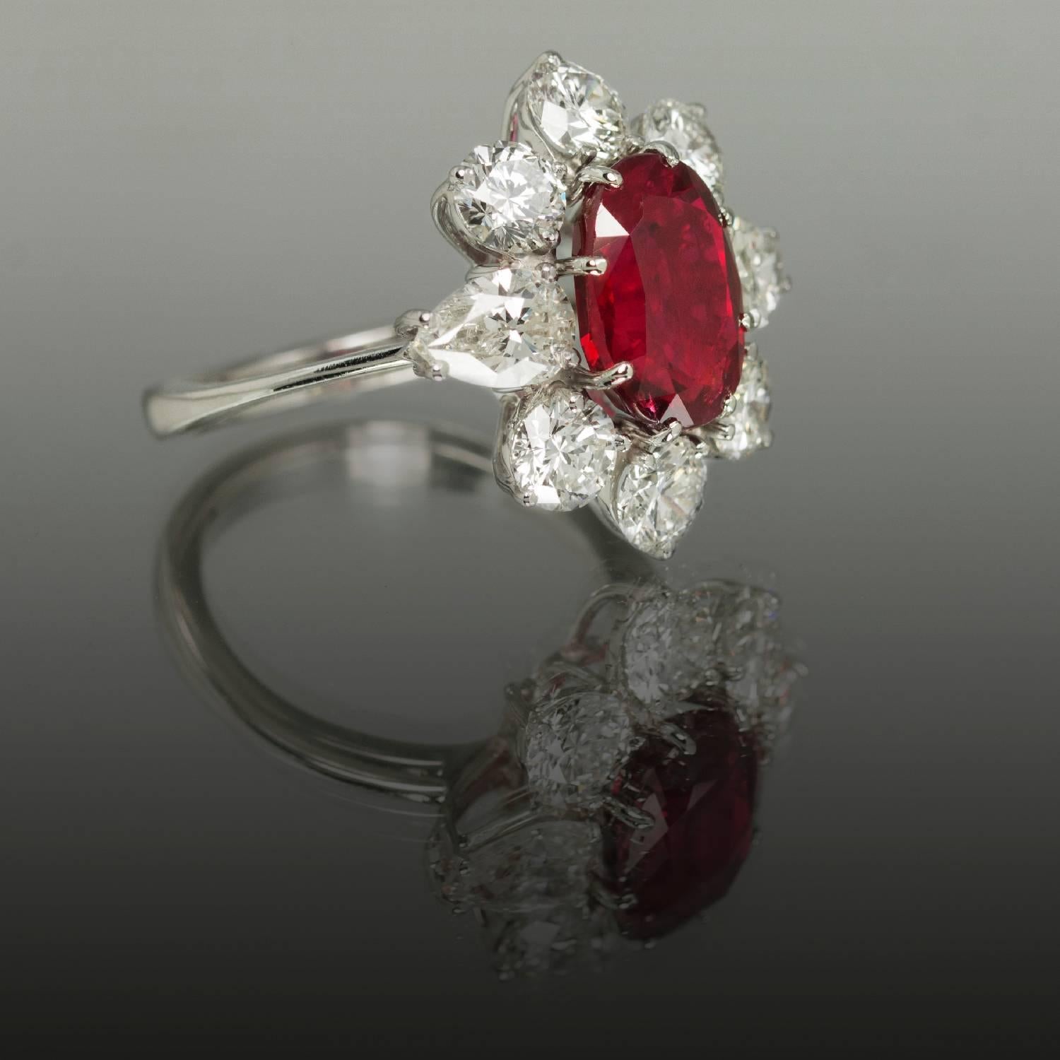 Modern Gubelin Certified 5.19 Carat No Heat Burma Ruby Diamond Ring