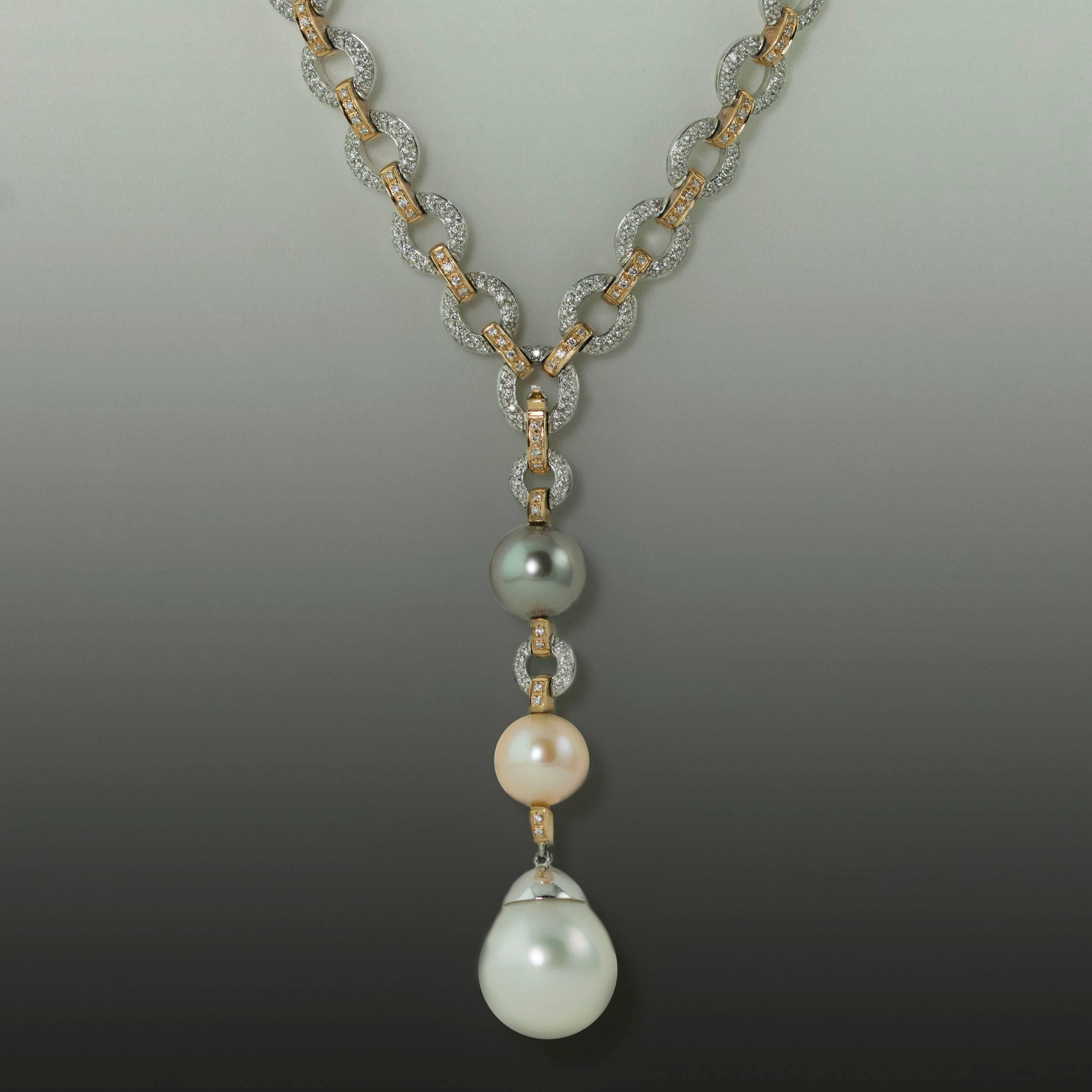 Art Deco South Sea Pearl Diamond Two Color Gold Necklace and Earring Suite
