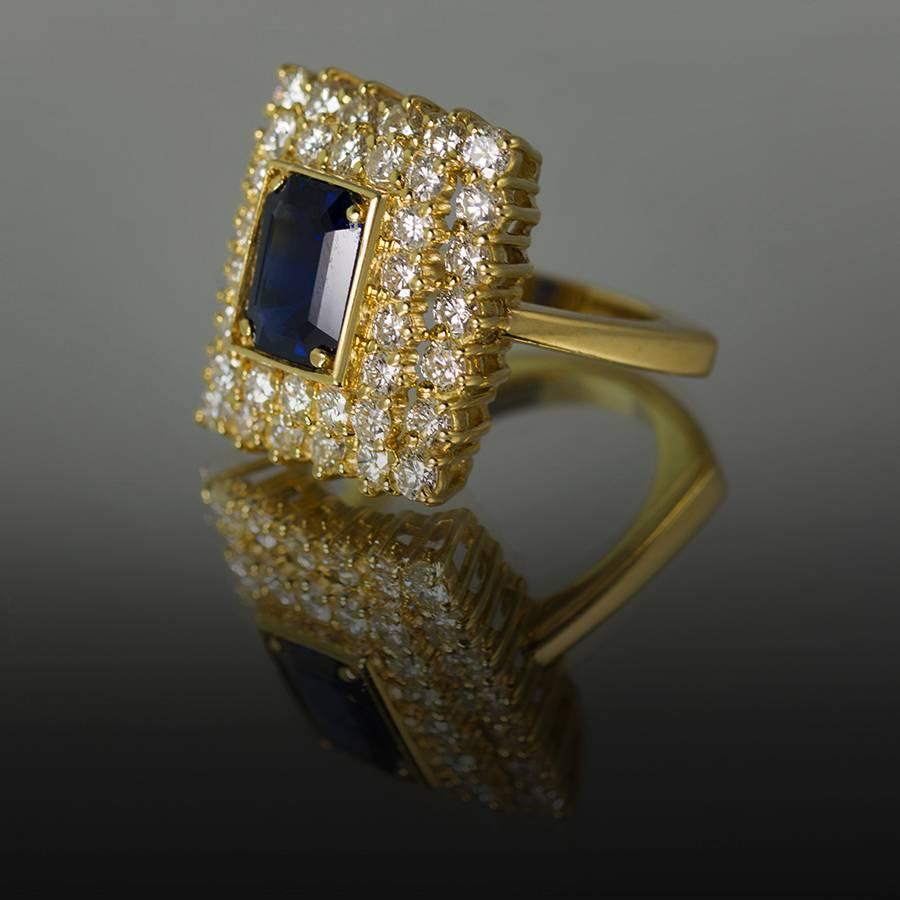 Emerald Cut Keith Davis Sapphire Diamond Gold Ring  For Sale