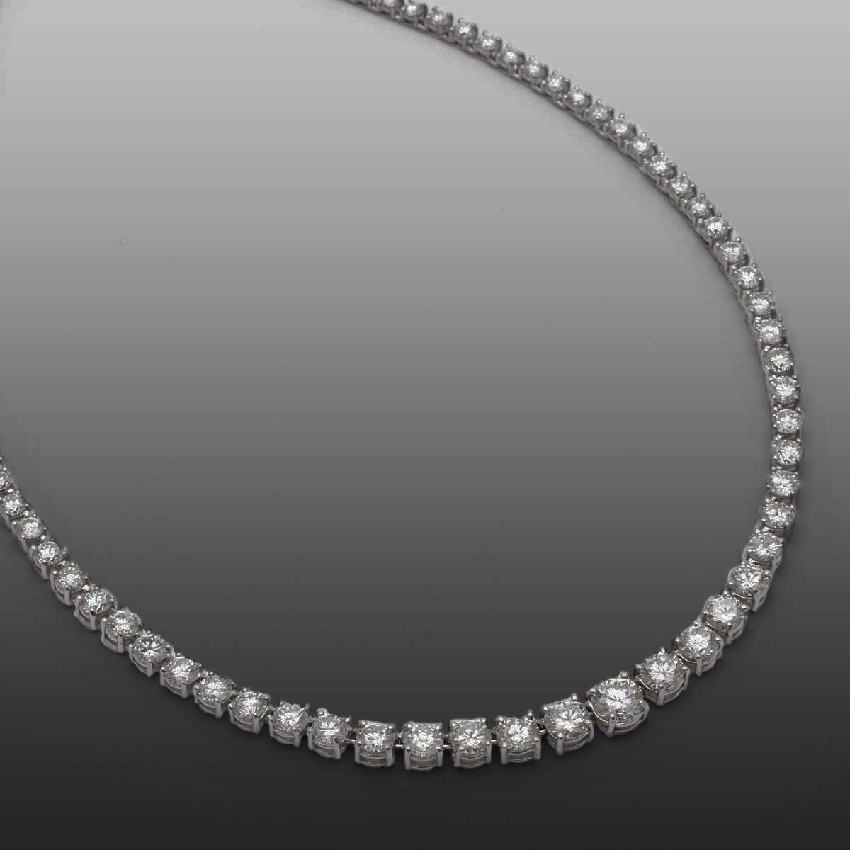 Platinum Graduated Diamond Necklace containing 127 F-G color VS+ clarity modern round brilliant diamonds weighing approximately 17.00 plus carats. 18"