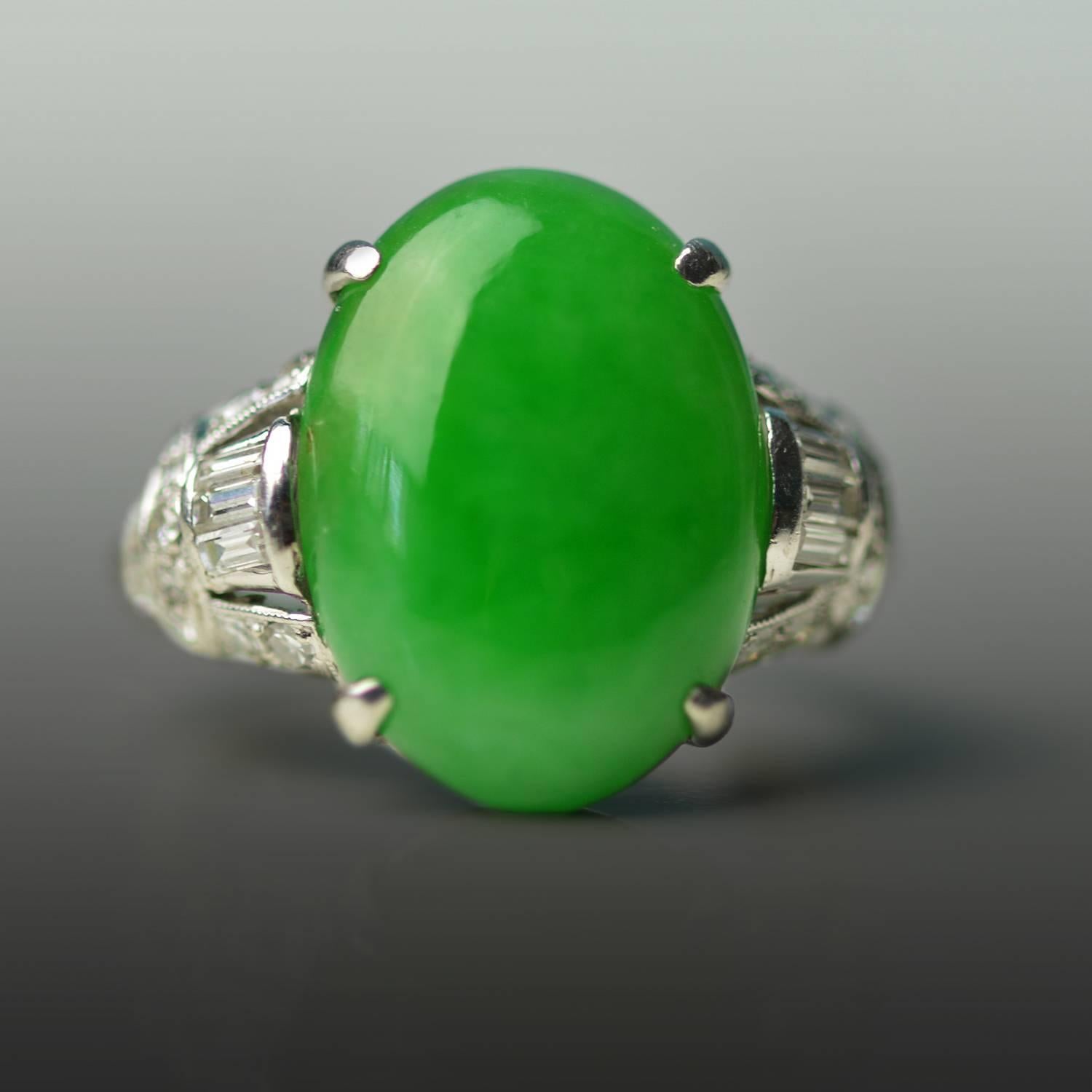 Platinum Ring with one 16.65 x 11.55 x 4.10mm GIA Natural Jade Cabochon and approx 0.40 carats of diamonds