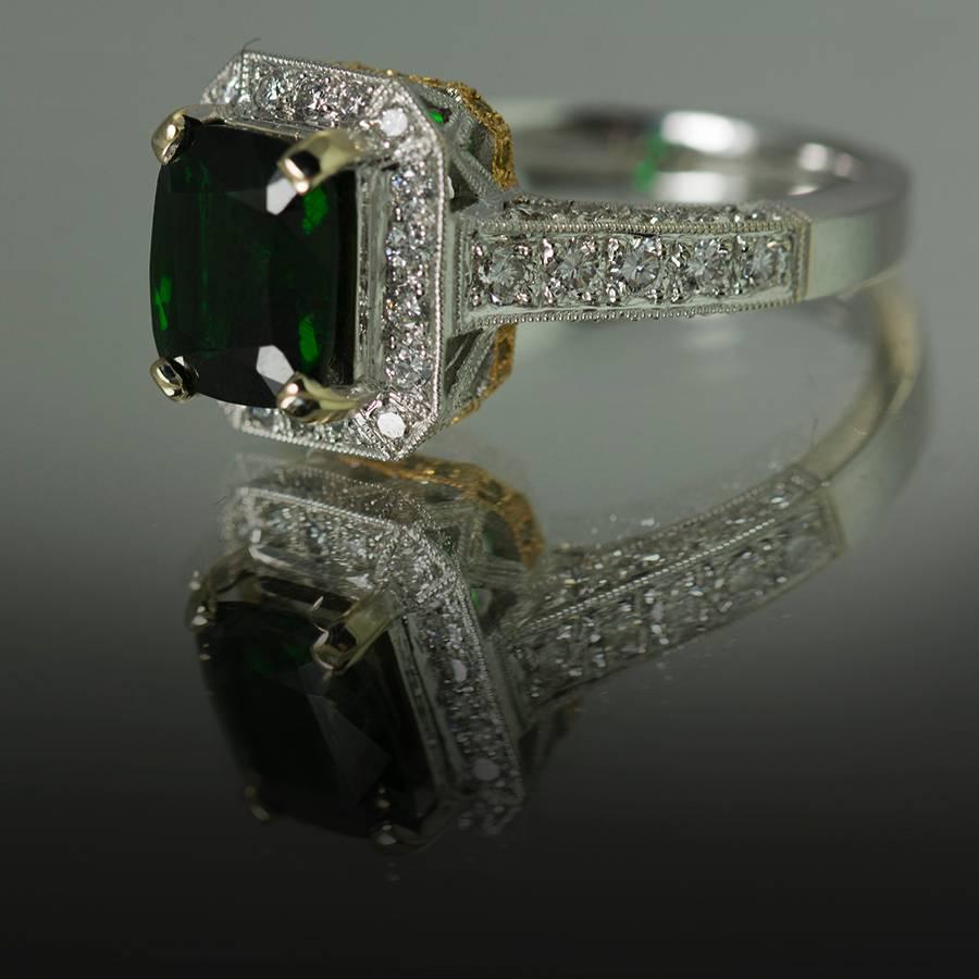 18K Ring with 1 Chrome Tourmaline Weighing 1.83 Carats, Yellow Diamonds Weighing 0.008 Carats, and White Diamonds Weighing 0.66 Carats.  