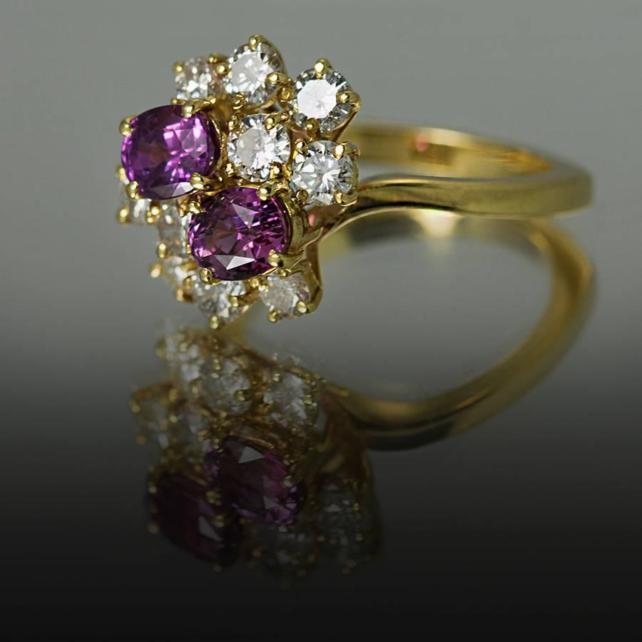 18K Ring with 2 Pink Sapphires Weighing 2.16 Carats and 10 Round Diamonds Weighing 1.51 Carats. 