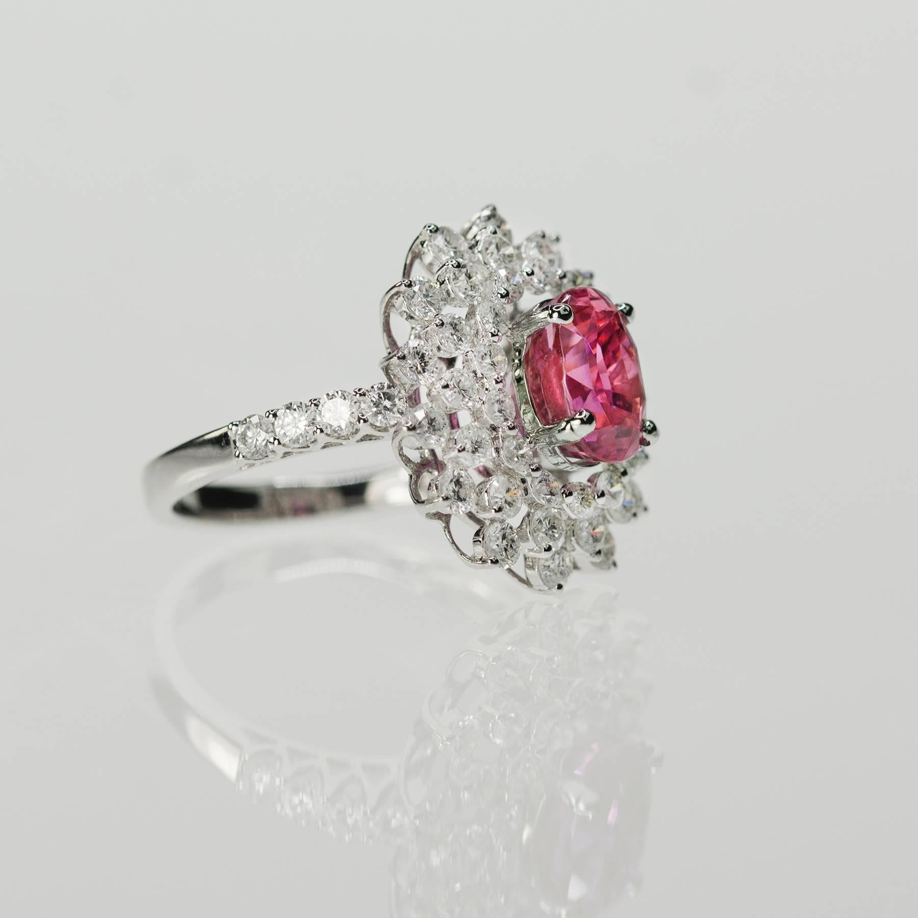 Stunning 18k gold ring with AGL certified 3.46 carat no heat natural Ceylon Pink Sapphire set with 52 round brilliant diamonds weighing 2.22 carats. Complimentary ring sizing included.