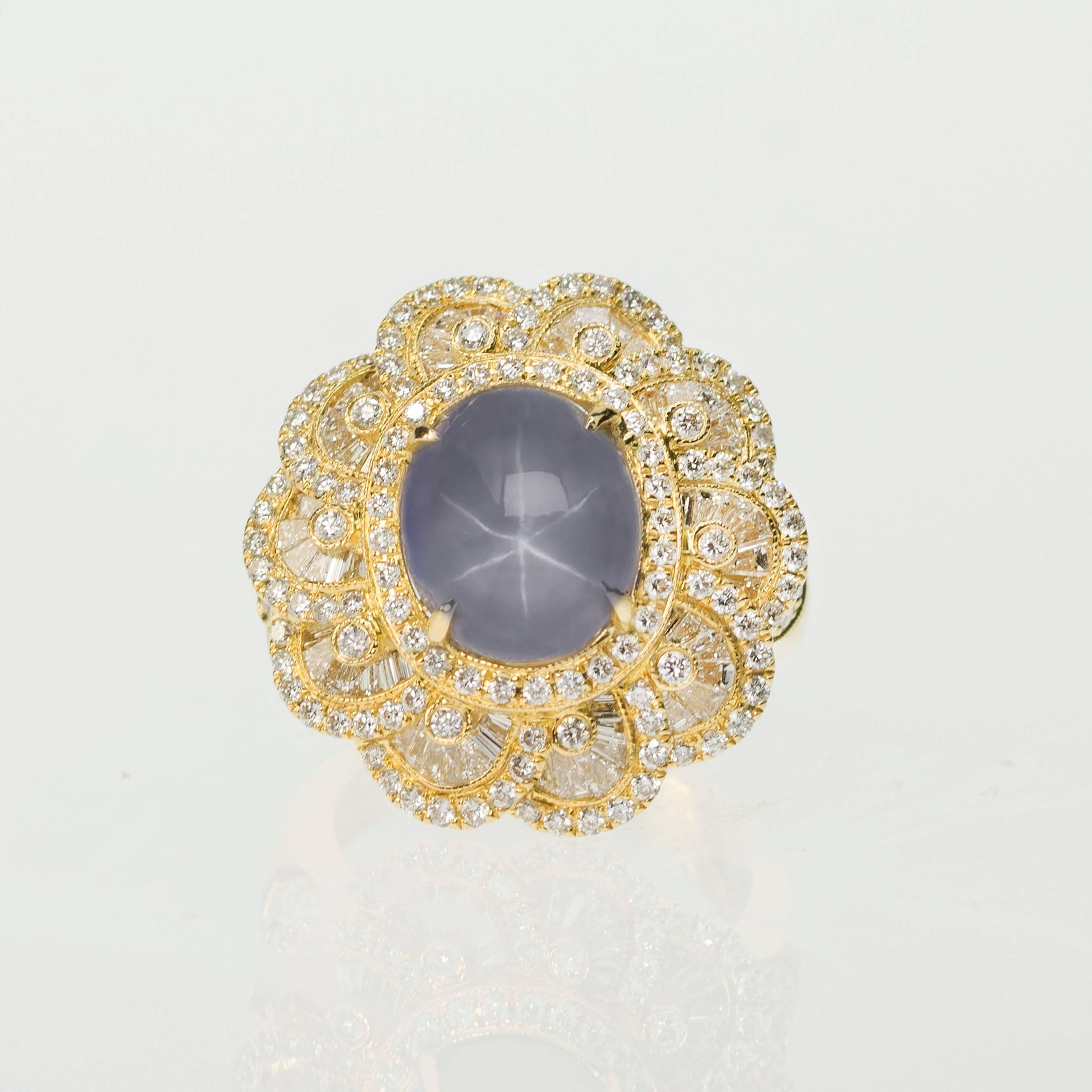 18k Ring with one 8.32 carat star sapphire and approximately 3 carats of fine diamonds.