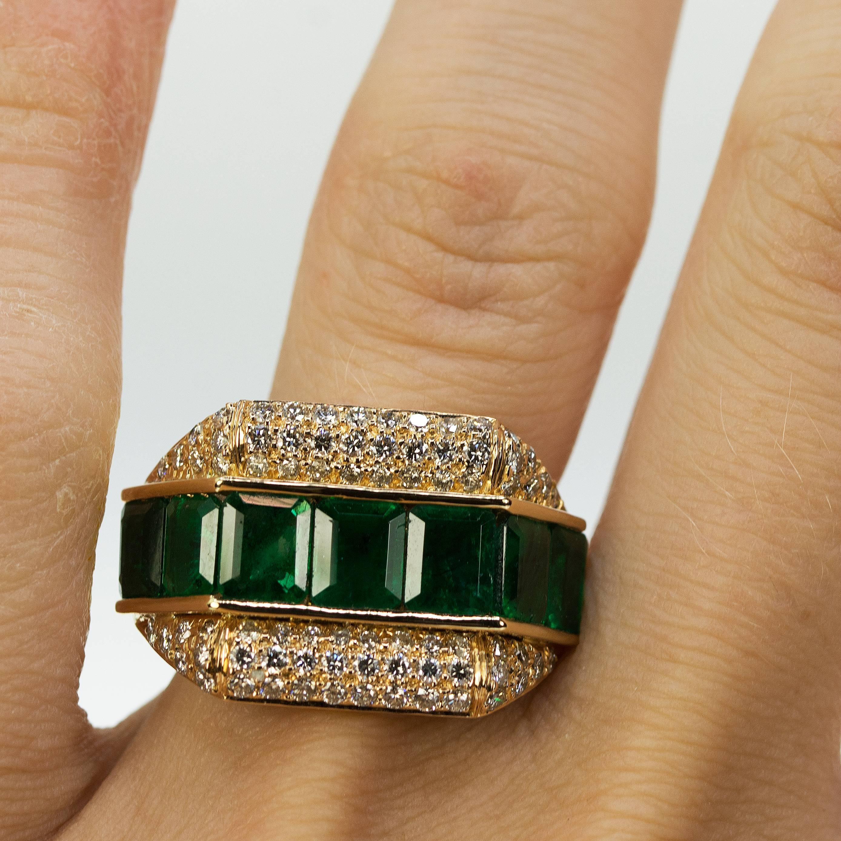 Emerald Cut Emerald Pave Diamond Yellow Gold Ring