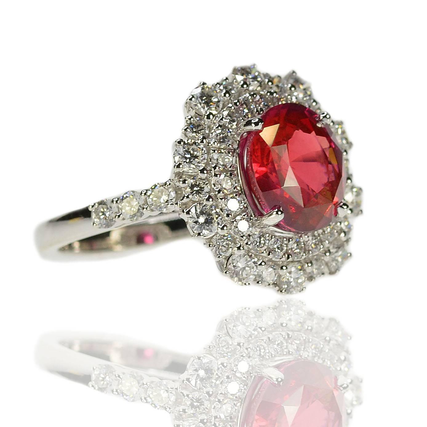 18k Ring with gourgeous 3.55 carat AGL certified unheated ruby and 46 round brilliant diamonds weighing 1.23 carats. 6.01g