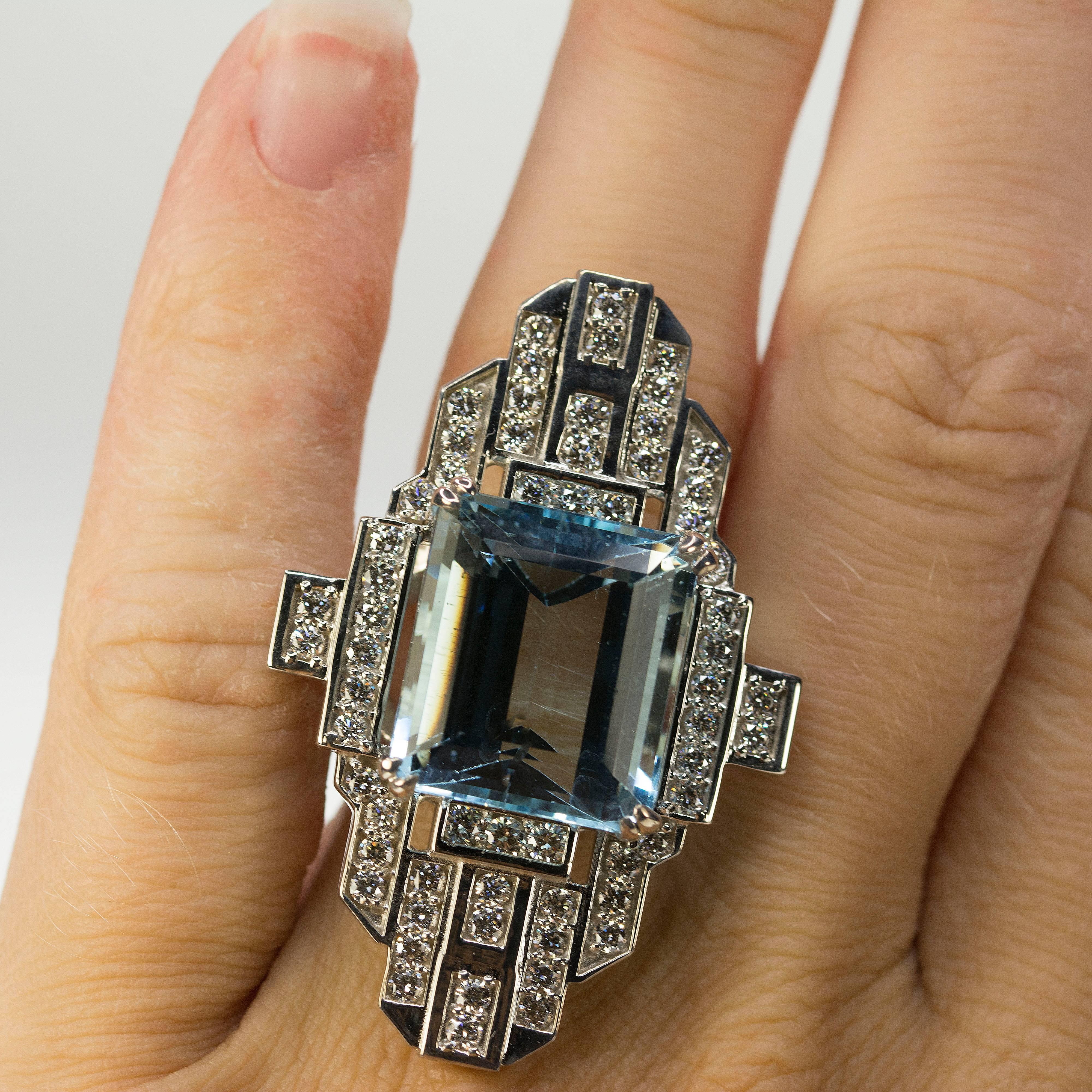 Women's or Men's Geometric Aquamarine Diamond Platinum Ring