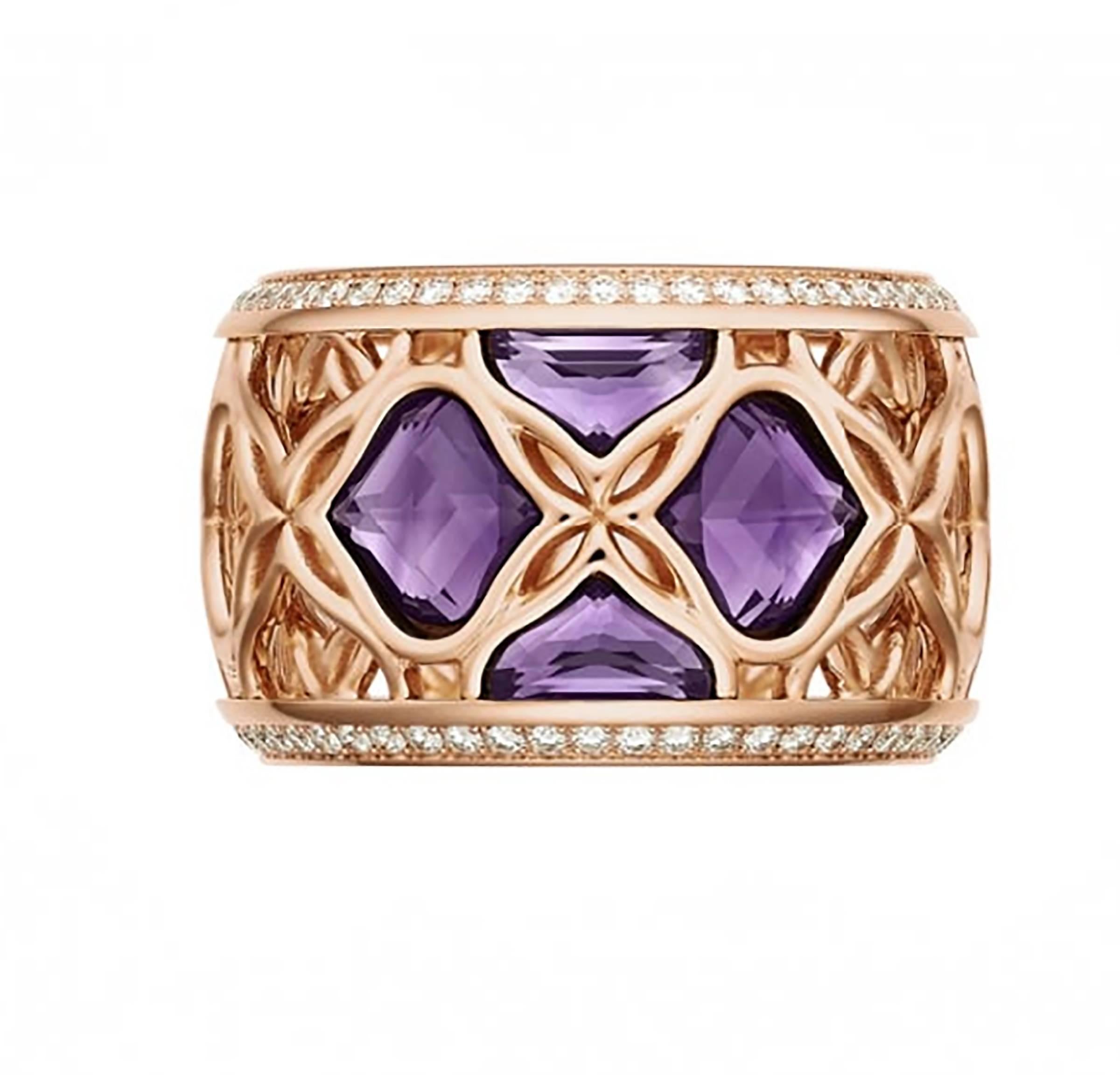 With its intricate filigree work and elegant quartet of fancy-cut amethysts, this IMPERIALE ring in 18-carat rose gold is the quintessence of style and sophistication. Like finely woven lace, the sinuous lines of its motif are inspired by ancient