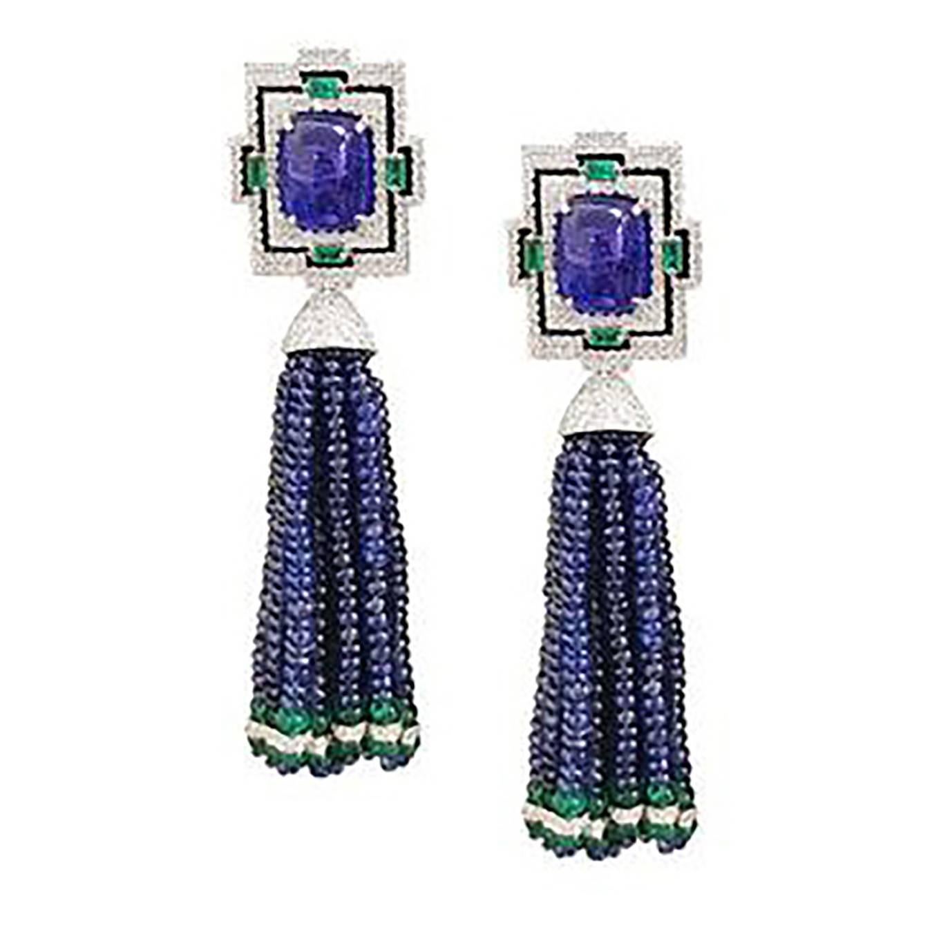 Sapphire Tassel Earrings with Tanzanites and Emeralds For Sale
