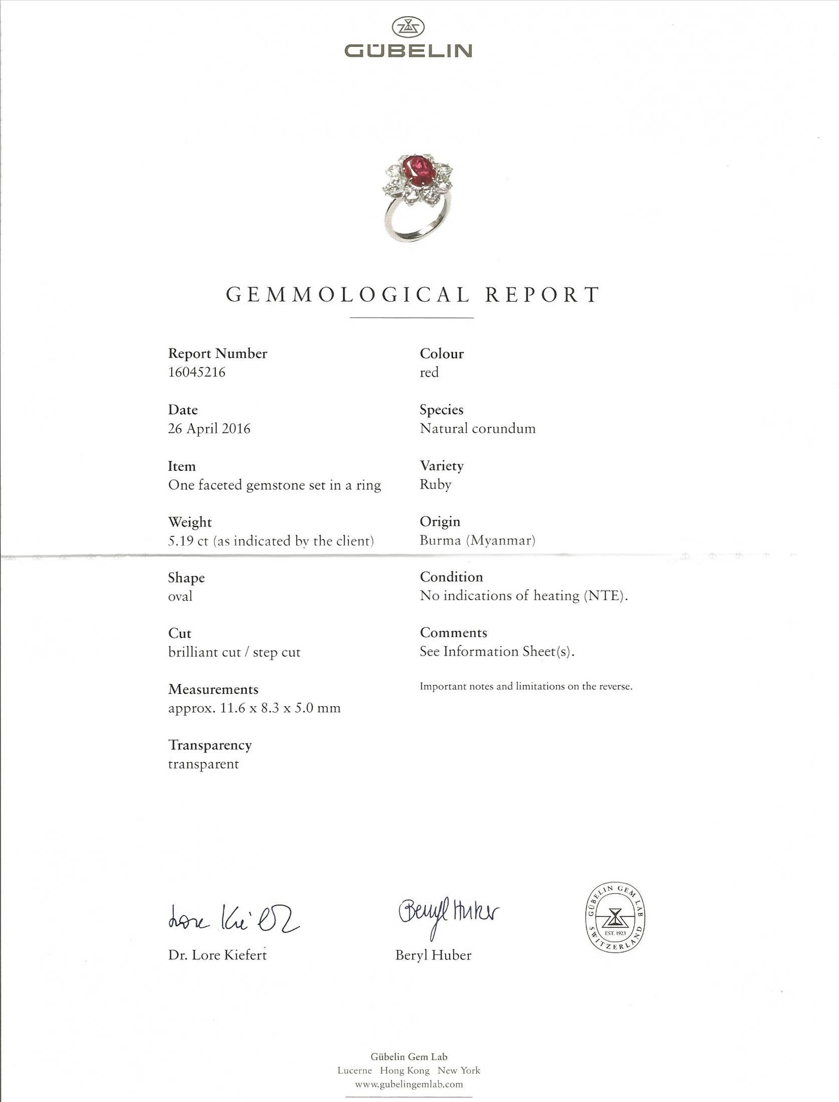 Gubelin Certified 5.19 Carat No Heat Burma Ruby Diamond Ring 1