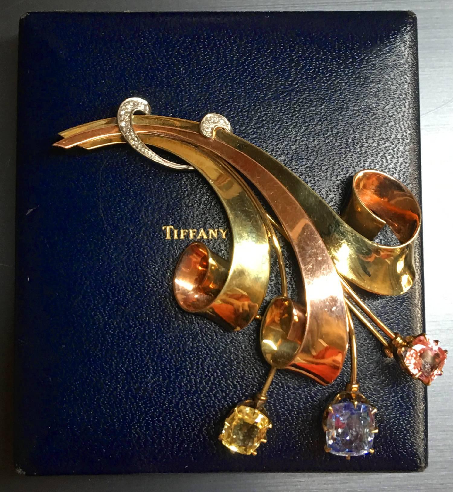 Tiffany & Co. Retro Sapphire Diamond Gold Brooch In Excellent Condition In Sarasota, FL
